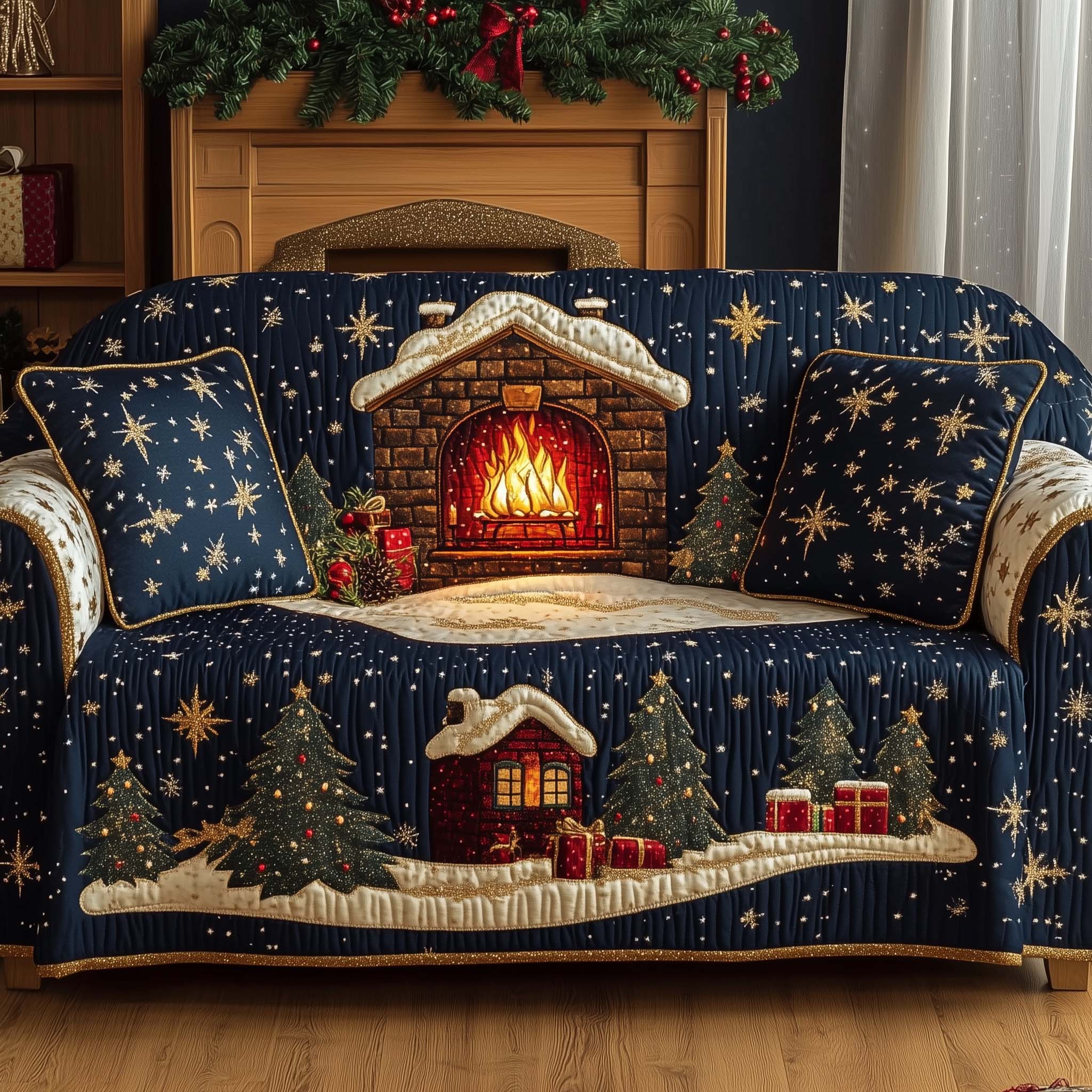 Christmas Fireplace Quilted Sofa Cover Yuletide Log Fire Scene Protector Good Gifts For Parents