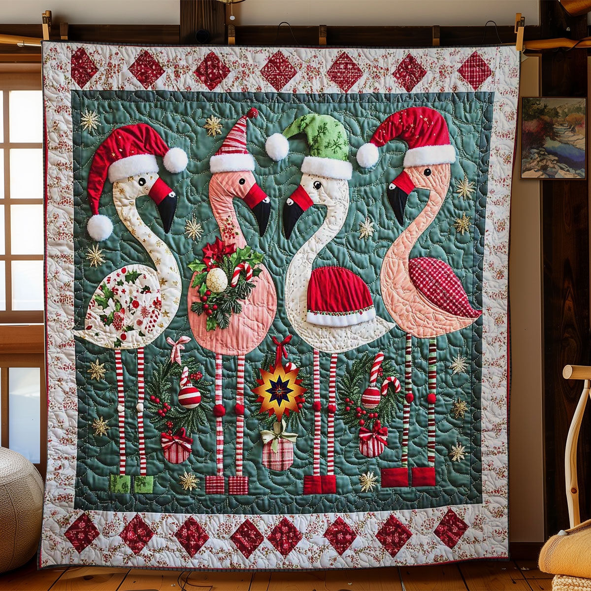 Christmas Flamingo Cheer Quilt Luxury Quilt Blanket with Decorative Stitching