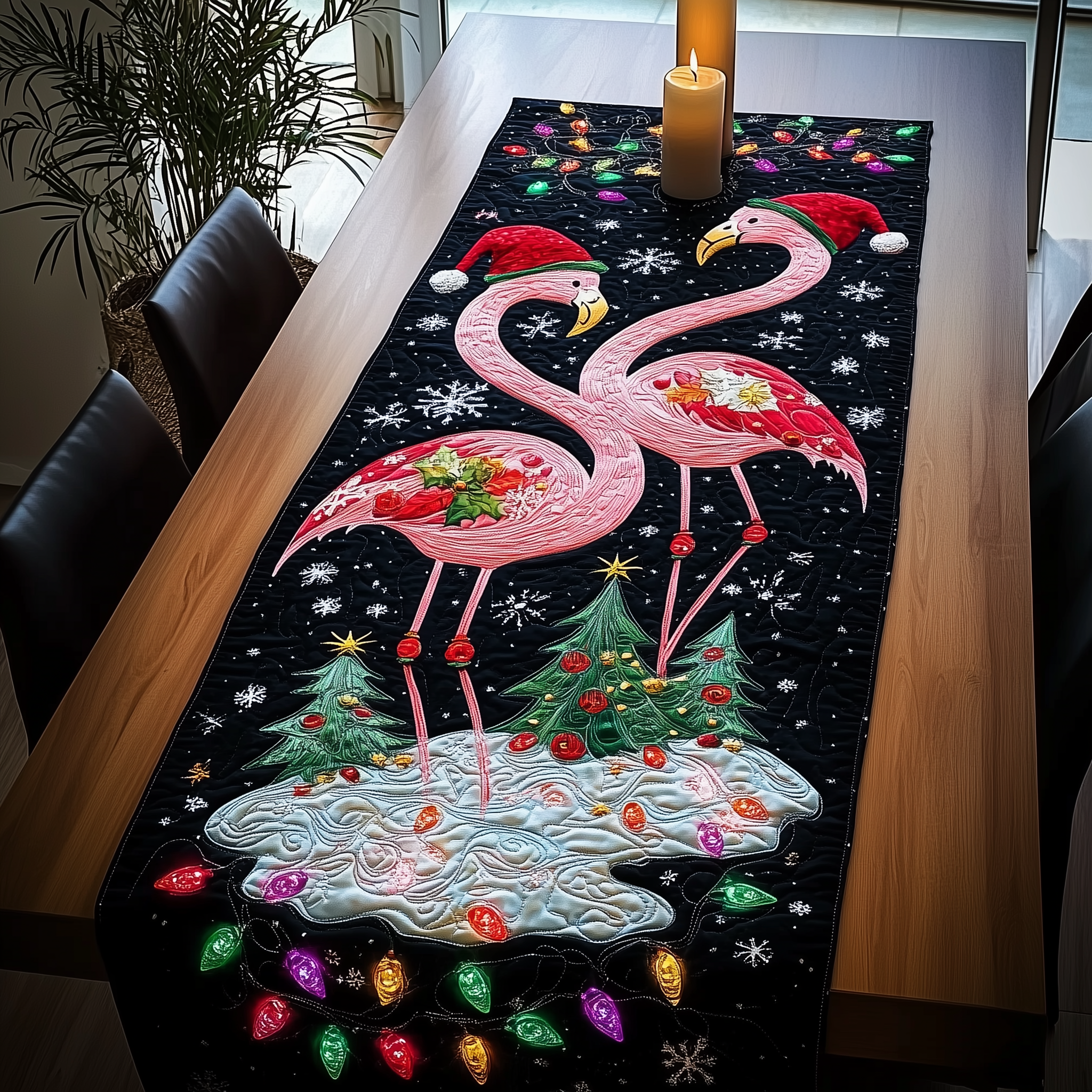 Christmas Flamingo Quilted Table Runner Cute Dining Table Runner Holiday Flamingo Christmas Presents