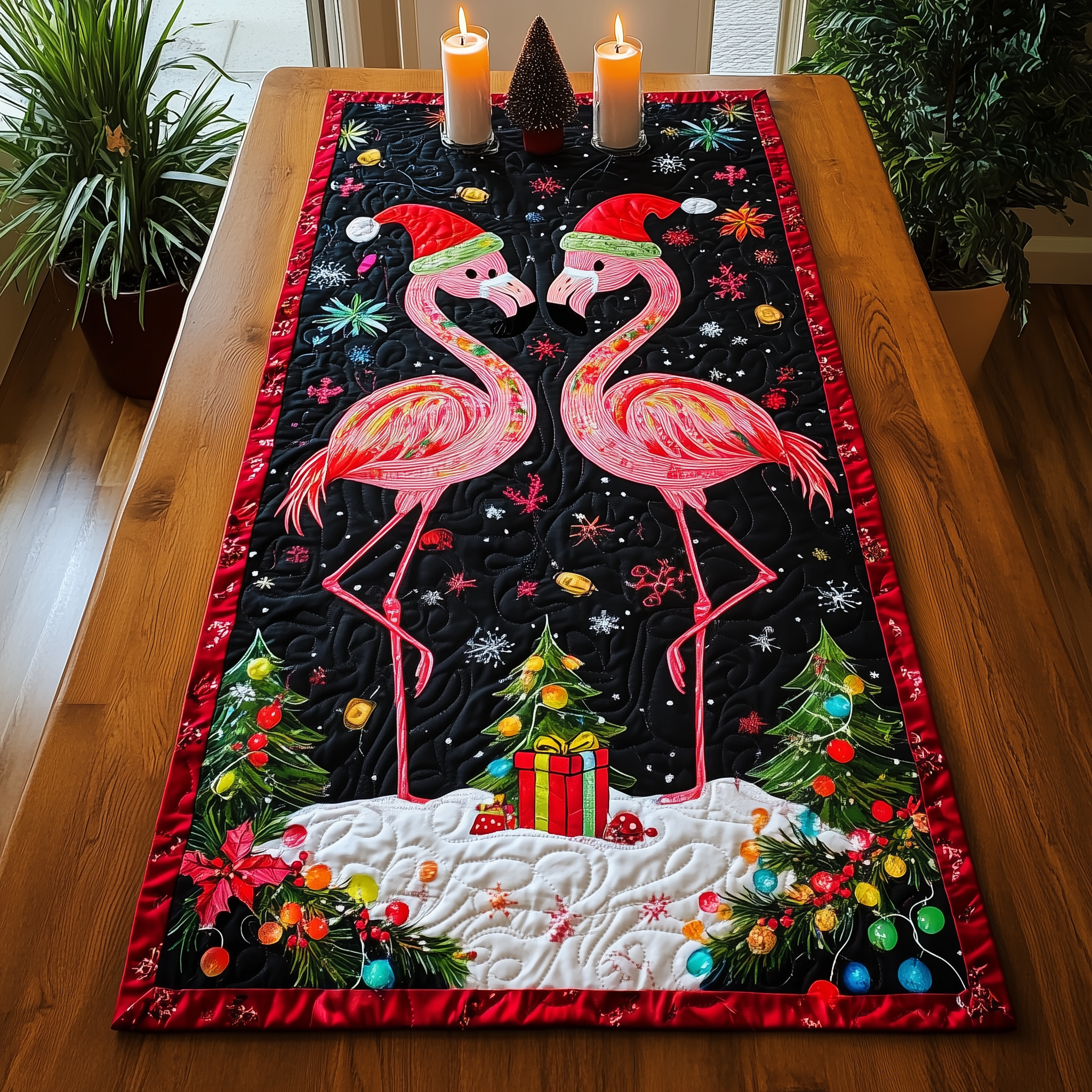 Christmas Flamingo Quilted Table Runner Modern Coffee Table Runner Cute Flamingo Stuff Gifts