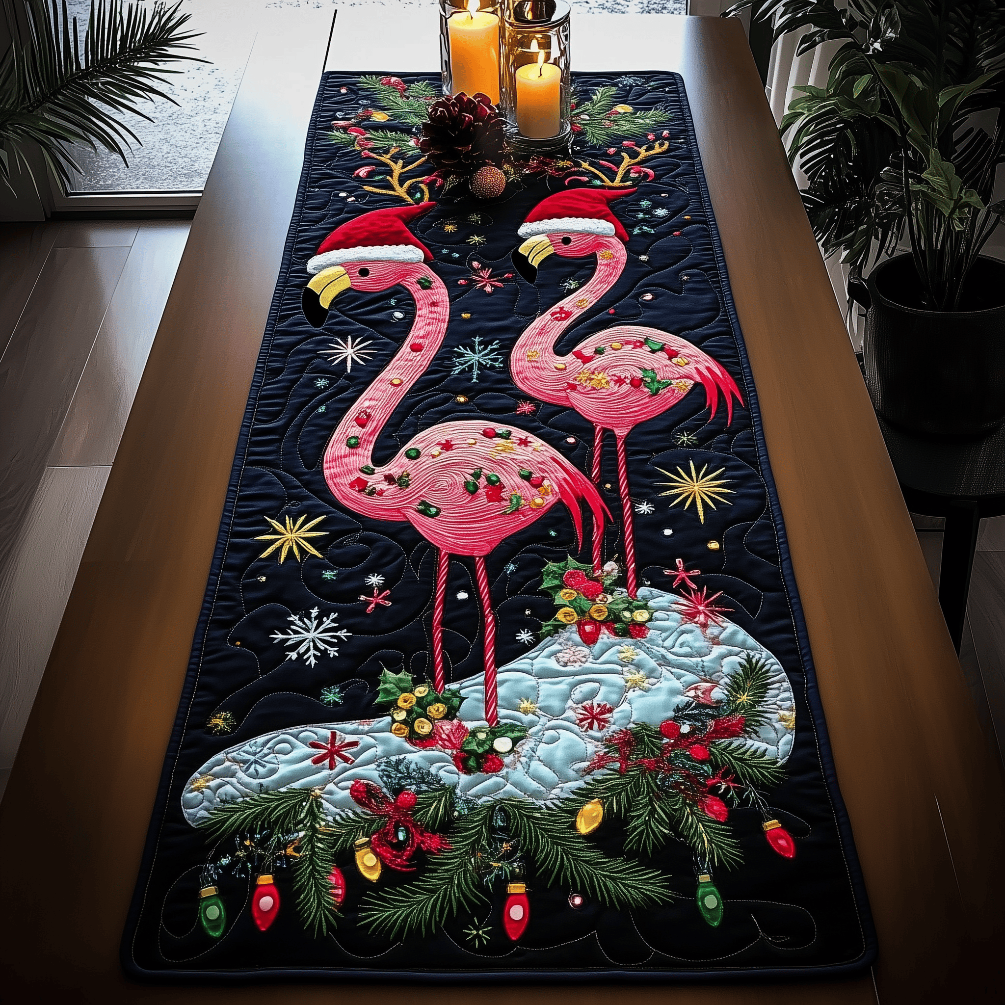 Christmas Flamingo Quilted Table Runner Modern Dining Holiday Table Christmas Gifts For Flamingo Lovers