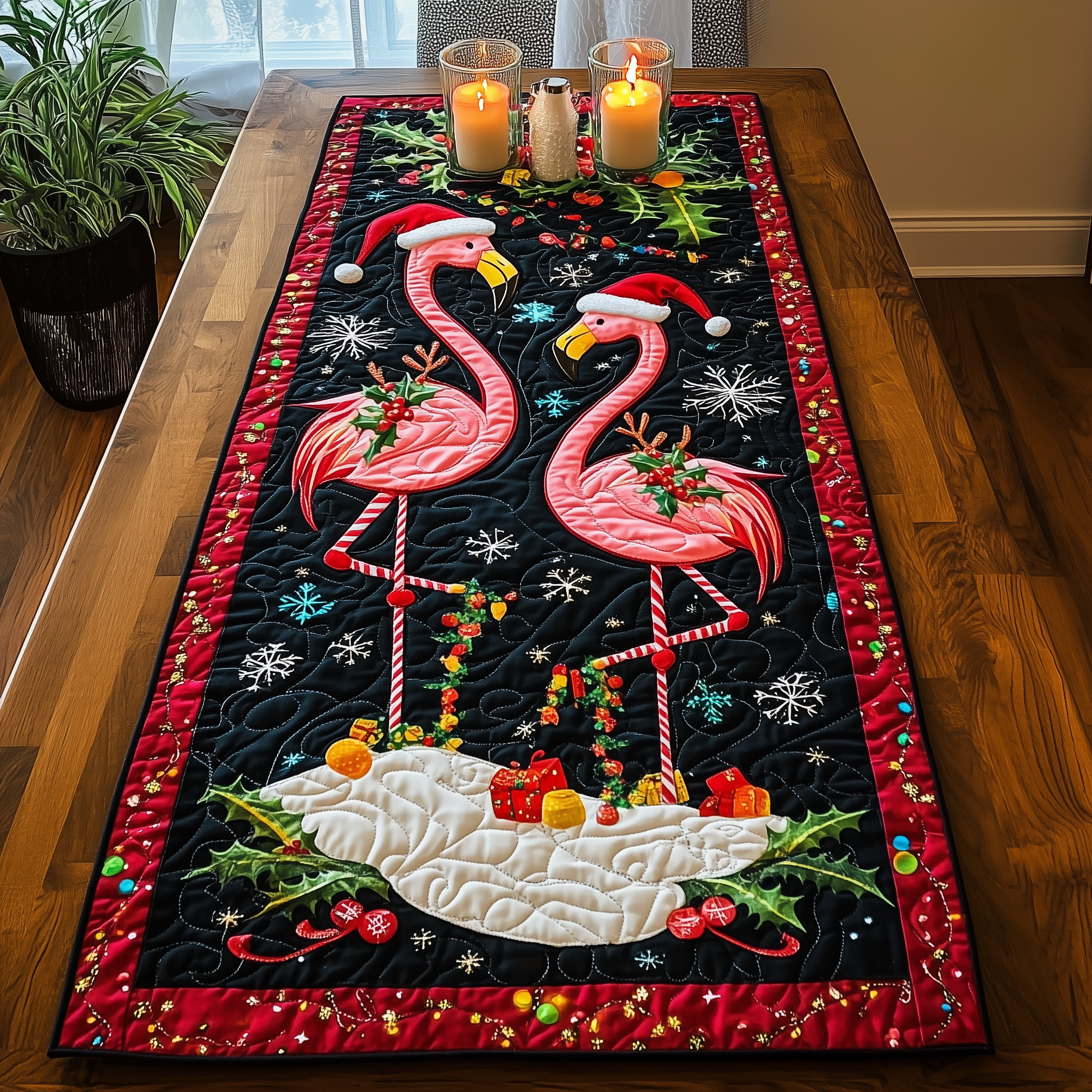 Christmas Flamingo Quilted Table Runner Modern Dining Table Runner Holiday Flamingo Novelty Gifts