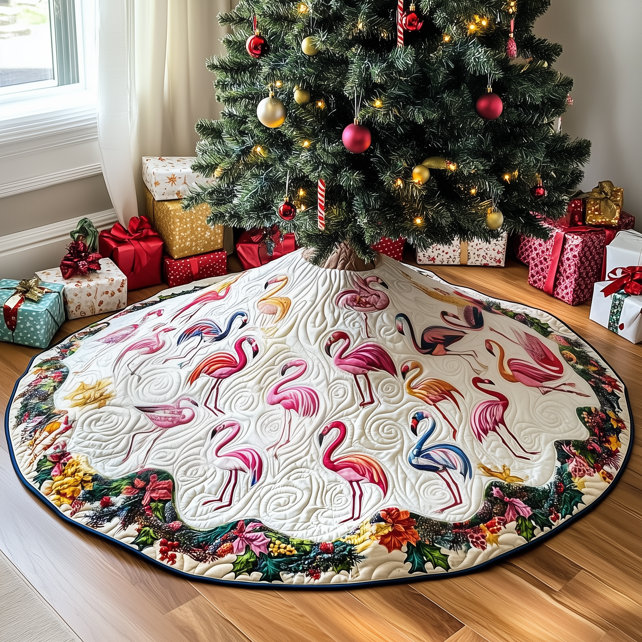 Christmas Flamingo Quilted Tree Skirt Magical Christmas Spirit Merch