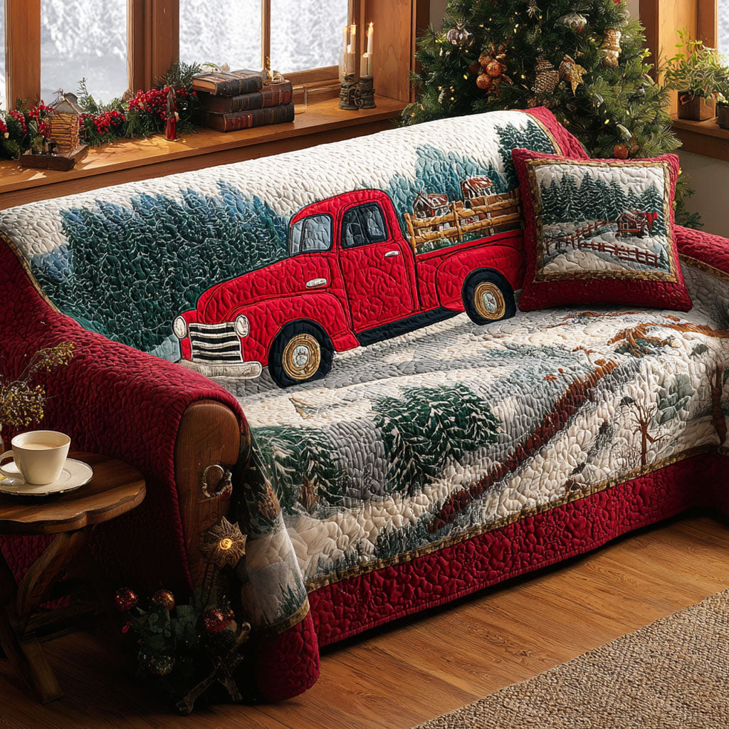 Christmas Forest Truck Quilted Sofa Cover Winter Living Room Decor Gift For Coworker