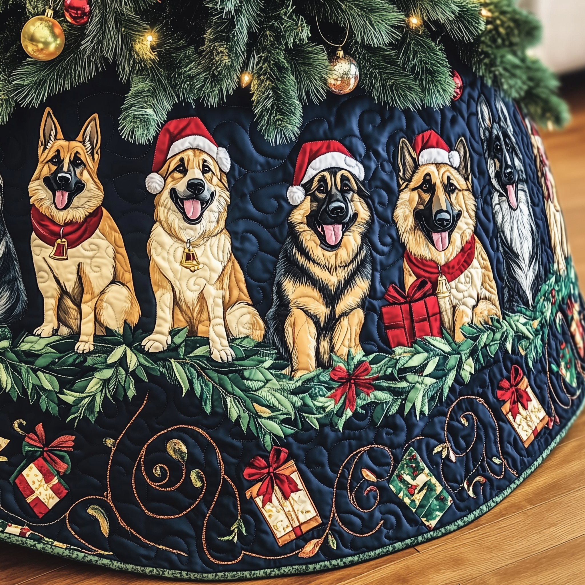Christmas German Shepherd Quilted Tree Skirt Xmas Decorations Gifts For German Shepherd Owners