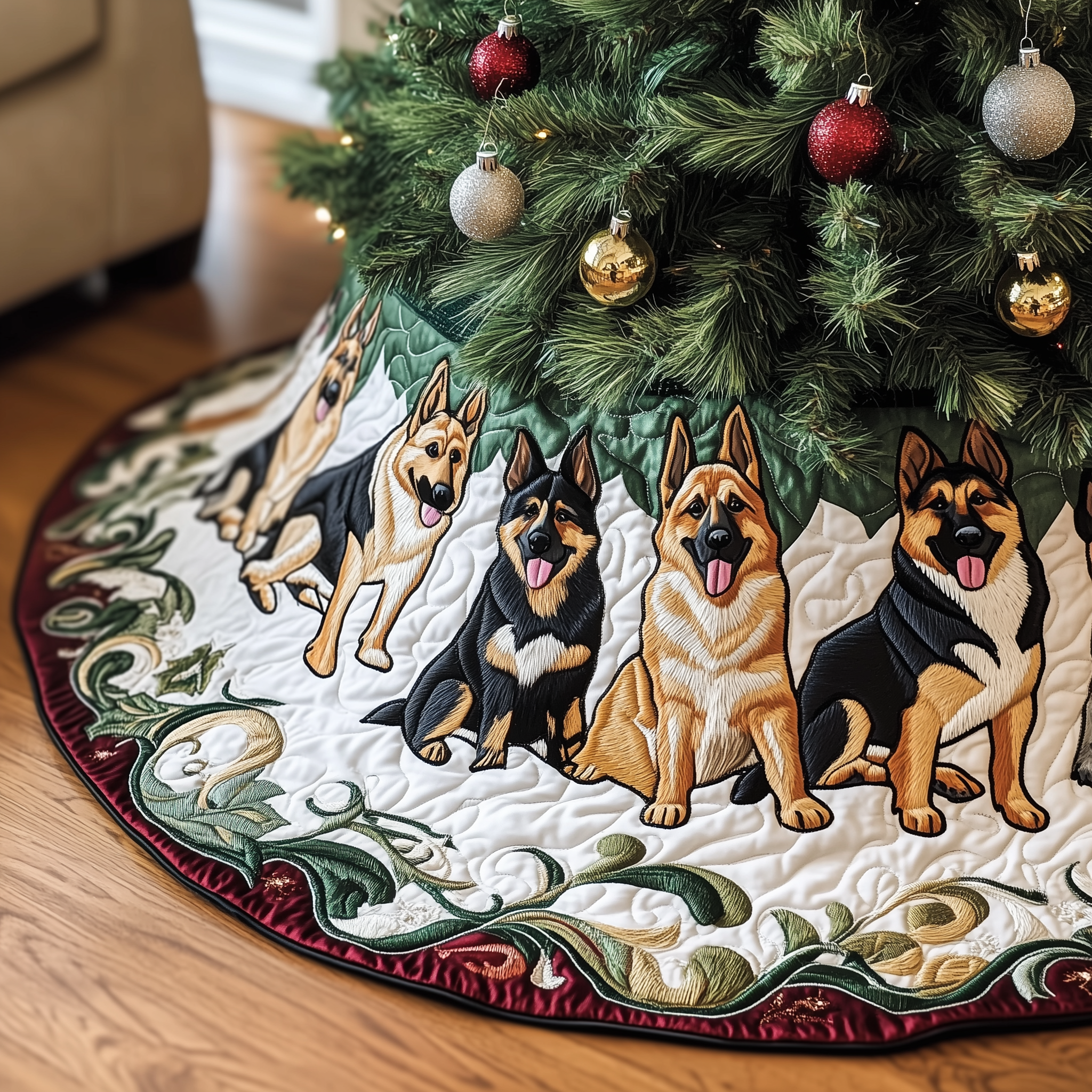 Christmas German Shepherd Quilted Tree Skirt Xmas Decorations Gifts For German Shepherd Owners
