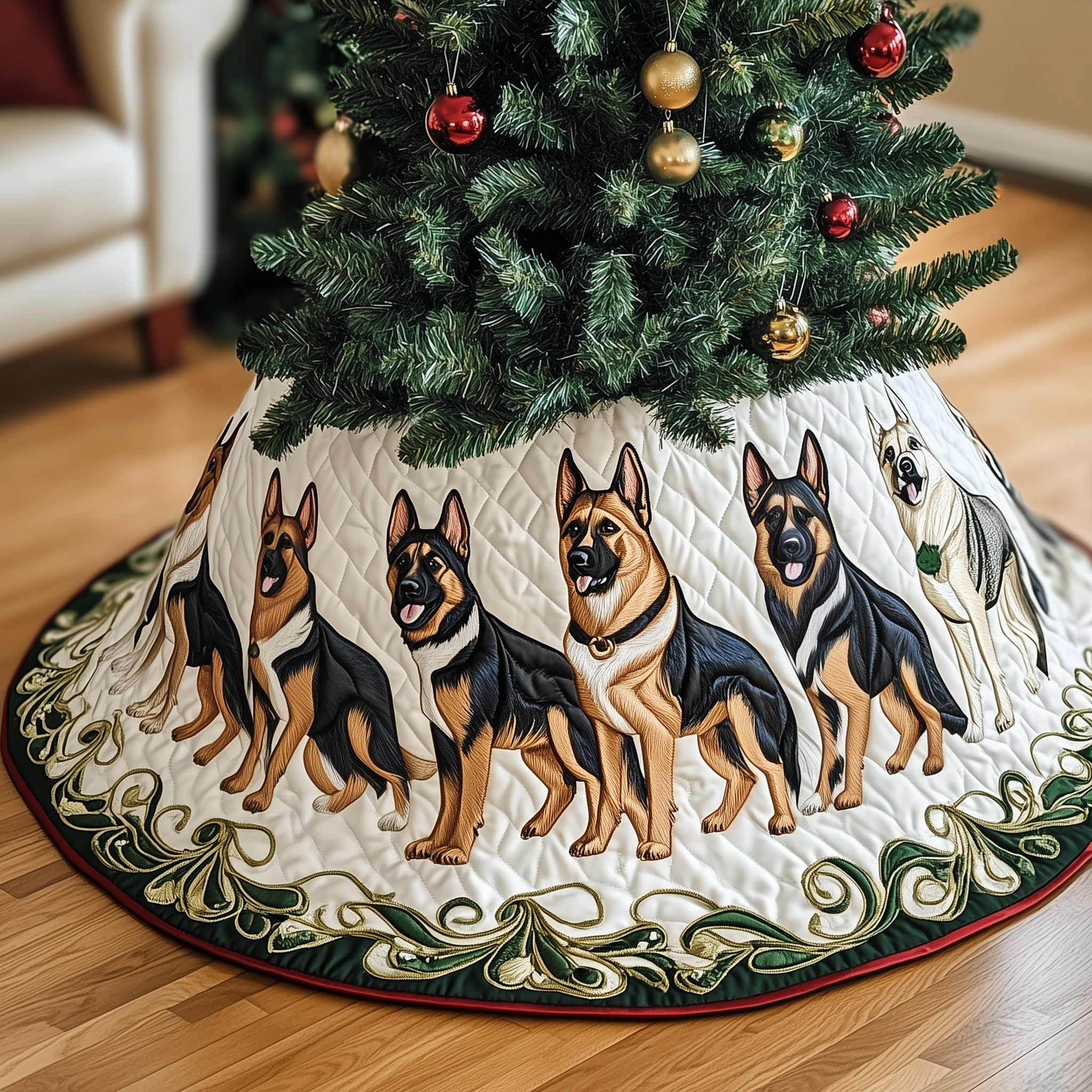 Christmas German Shepherd Quilted Tree Skirt Xmas Decorations Gifts For German Shepherd Owners