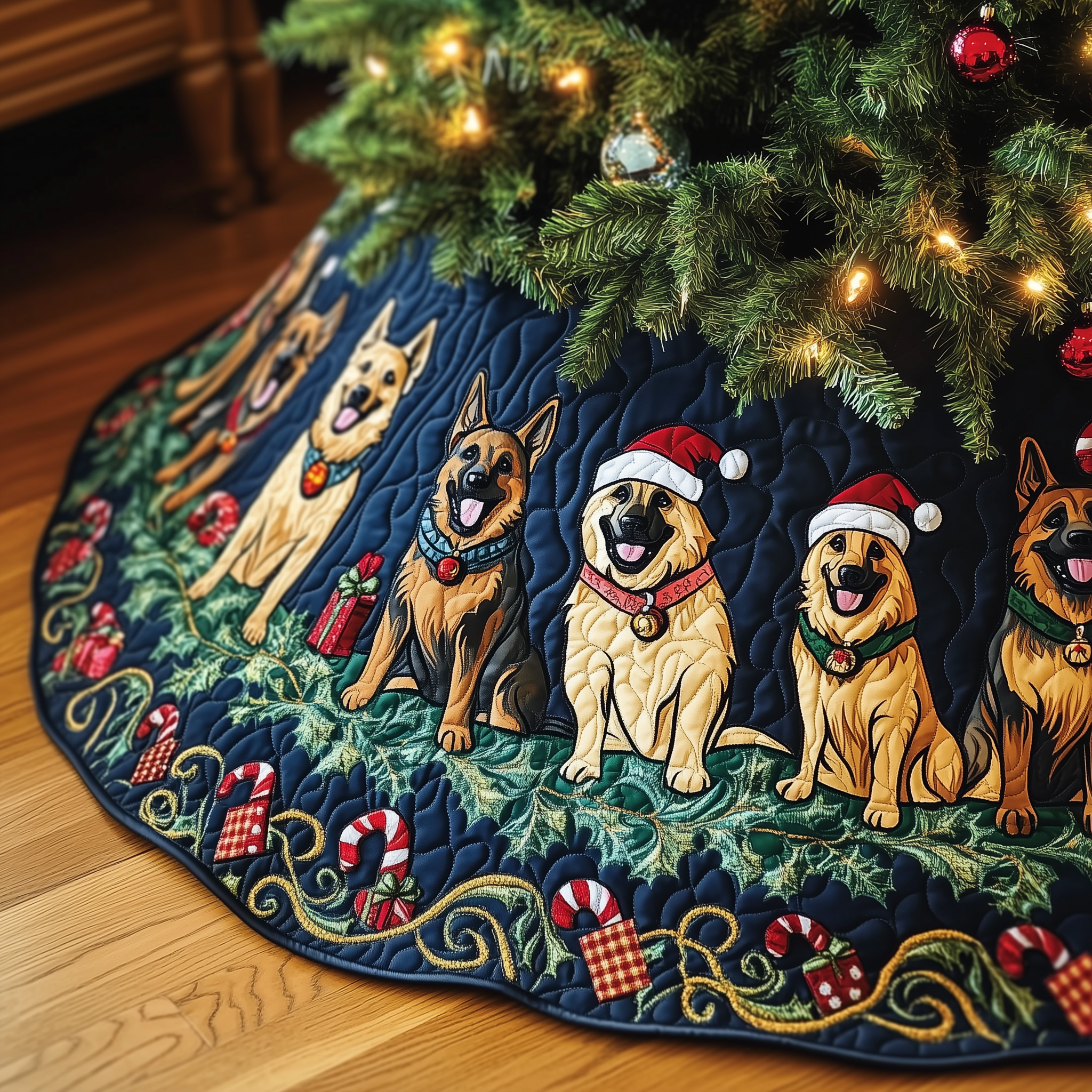 Christmas German Shepherd Quilted Tree Skirt Xmas Decorations Gifts For German Shepherd Owners