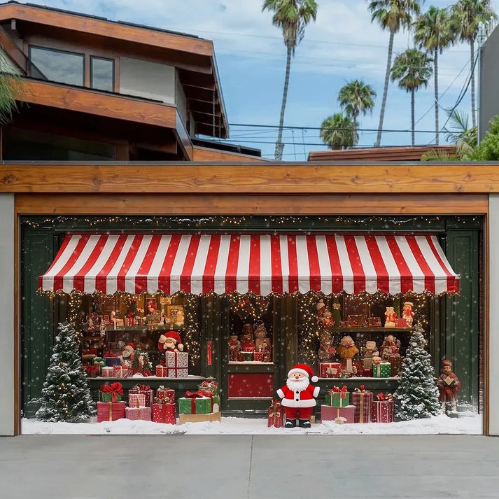 Christmas Gift Shop Garage Door Cover Santa Scene Outdoor Holiday Decoration