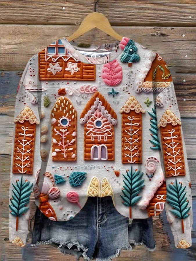 Christmas Gingerbread House Sweatshirt Cute Holiday Cookie Pattern Clothes Xmas Gift Ideas