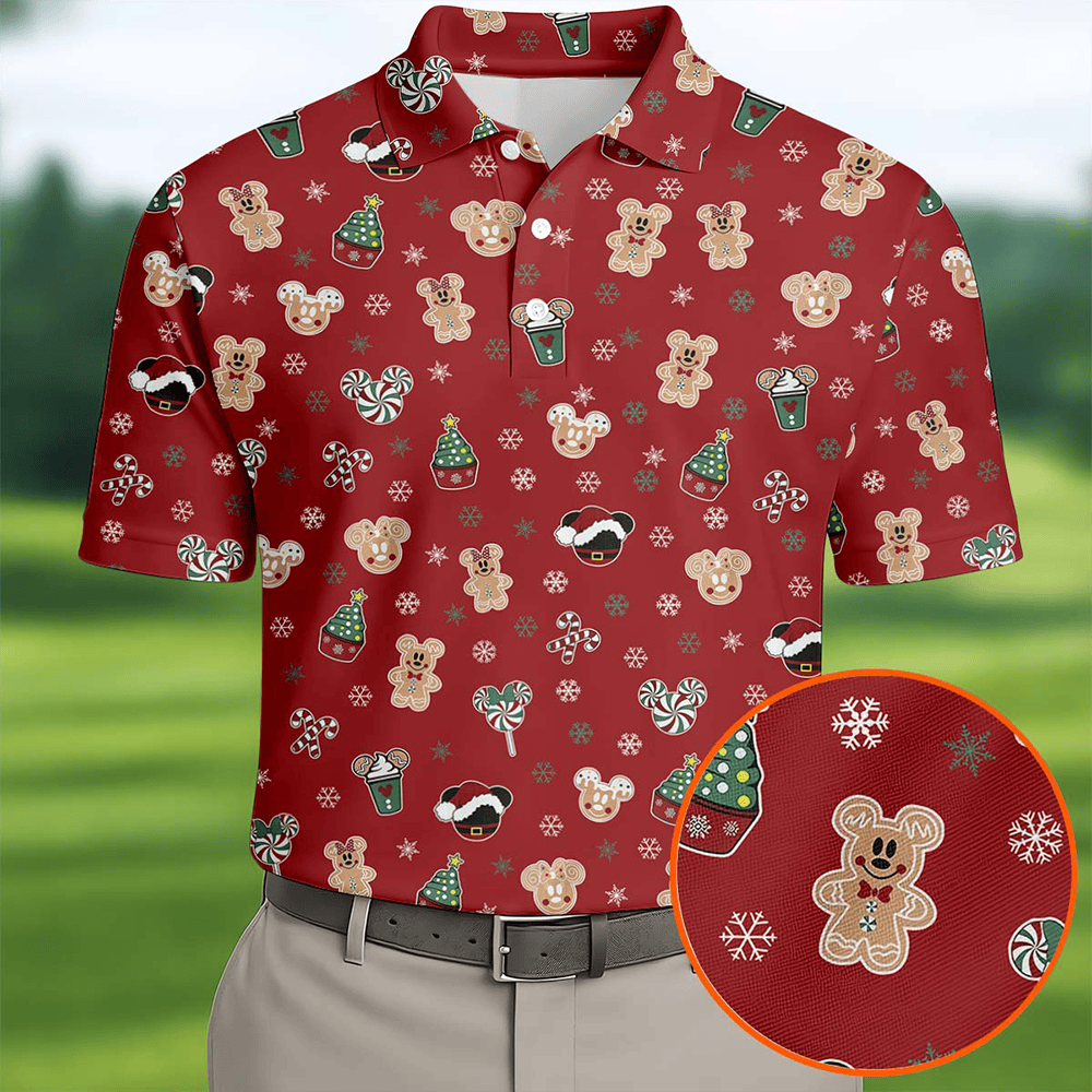 Christmas Gingerbread Red Golf Shirt Holiday Pattern Christmas Golf Shirt Polo Shirts For Men