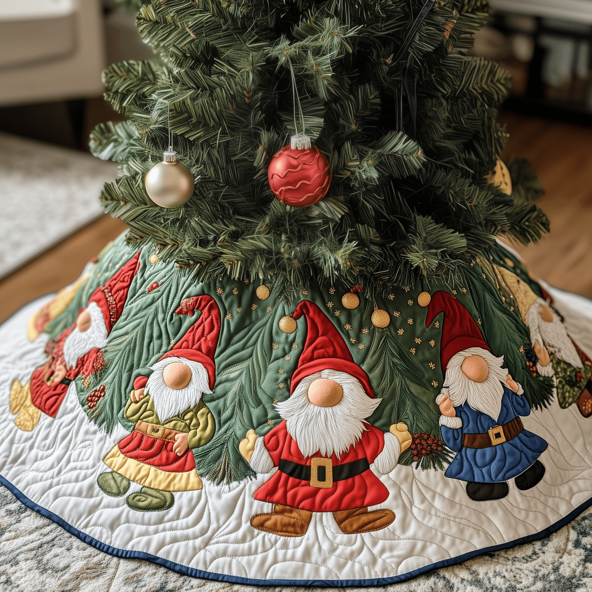 Christmas Gnome Quilted Tree Skirt Cute Holiday Christmas Tree Decorated With Gnomes