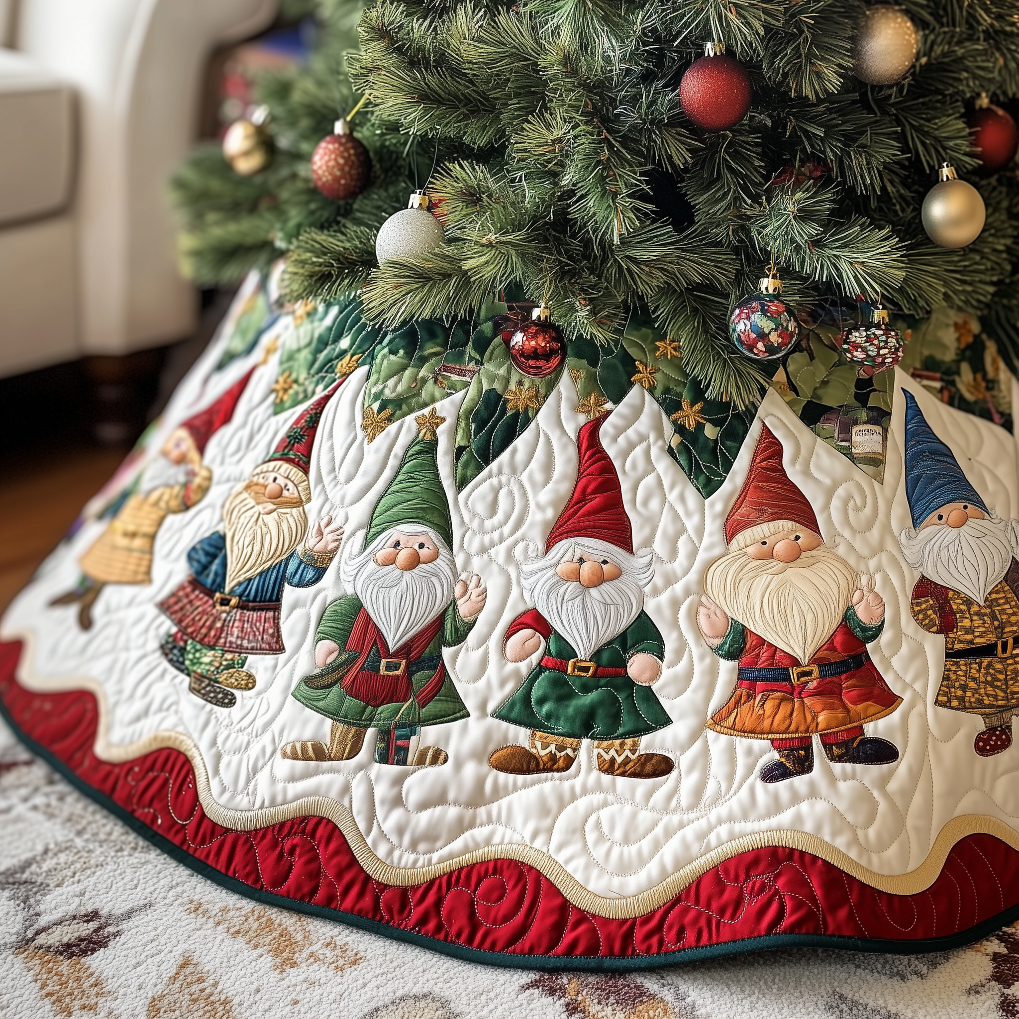 Christmas Gnome Quilted Tree Skirt Cute Holiday Christmas Tree Decorated With Gnomes