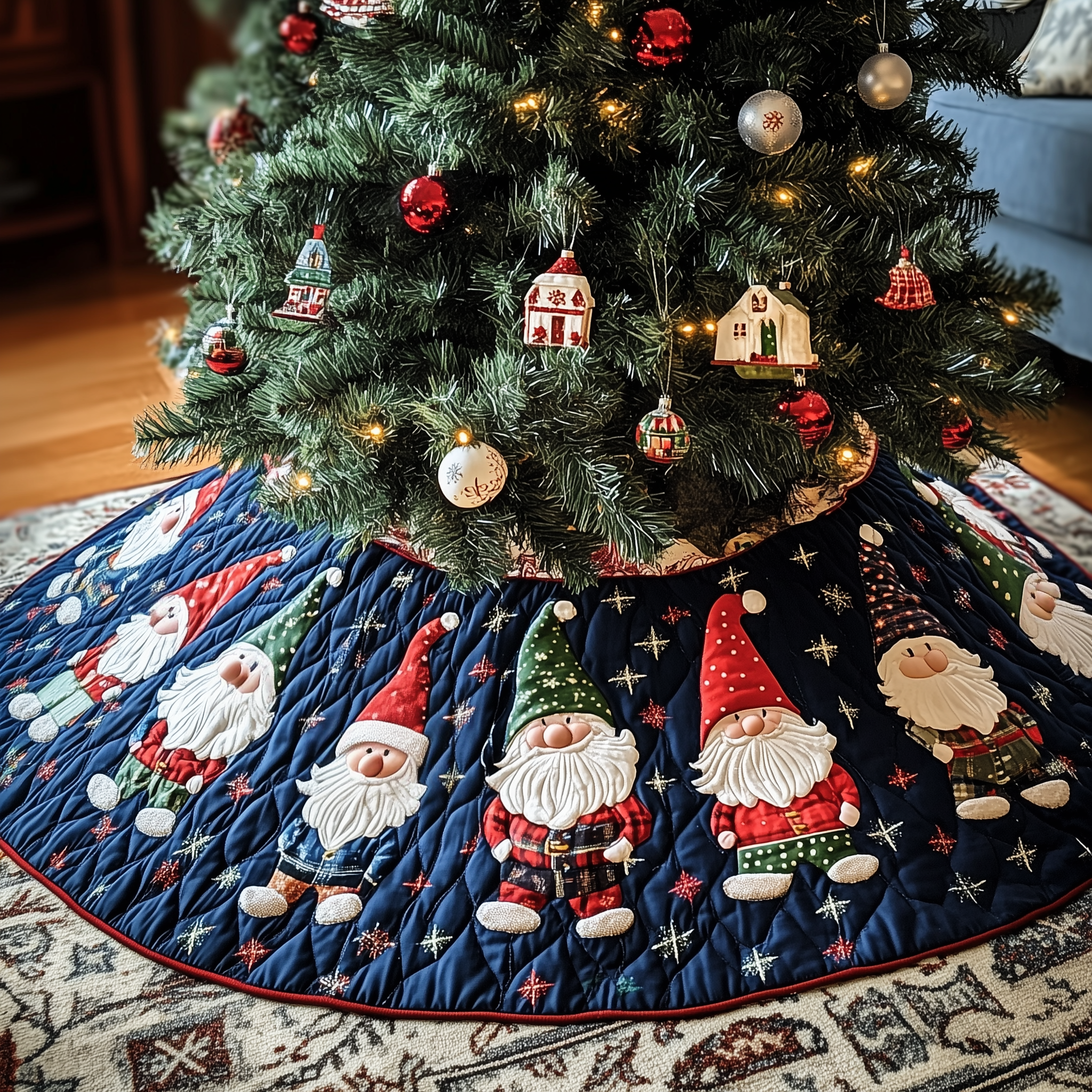 Christmas Gnome Quilted Tree Skirt Xmas Tree Surround Gnome Indoor Christmas Decorations Gifts