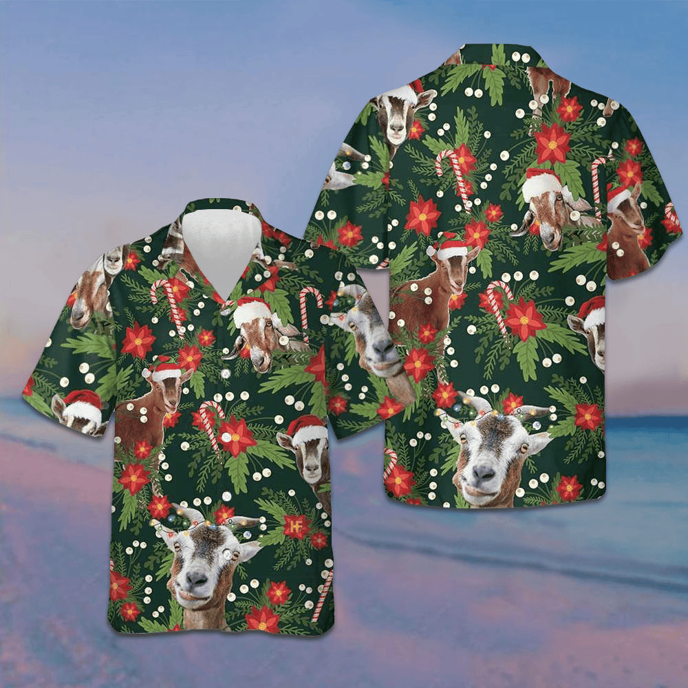 Christmas Goat With Poinsettia Flower Hawaiian Shirt Funny Xmas Goat Shirt Gifts For Guys Christmas Goat With Poinsettia Flower Hawaiian Shirt Funny Xmas Goat Shirt Gifts For Guys