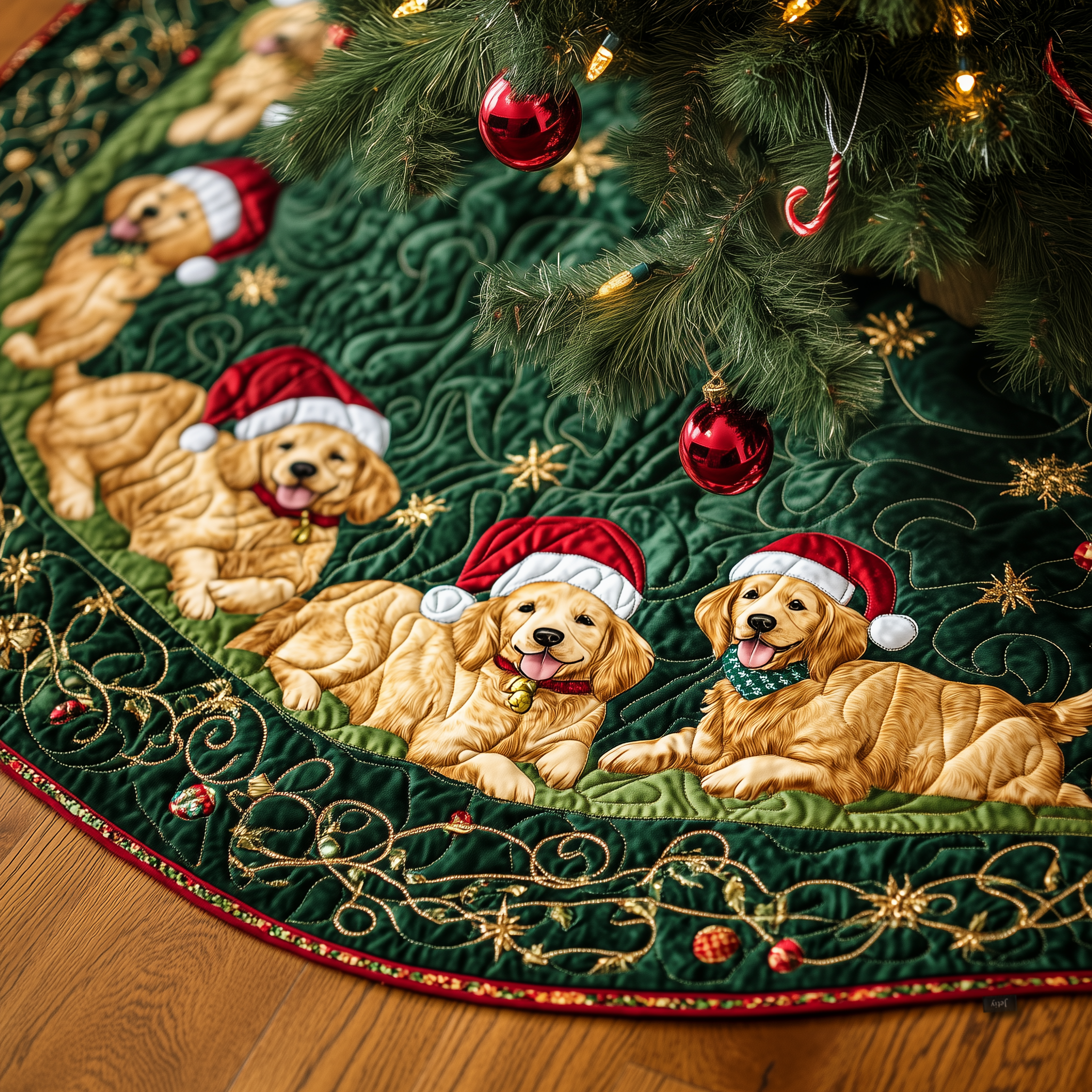 Christmas Golden Retriever Quilted Tree Skirt Charming Thanksgiving Gift Merch