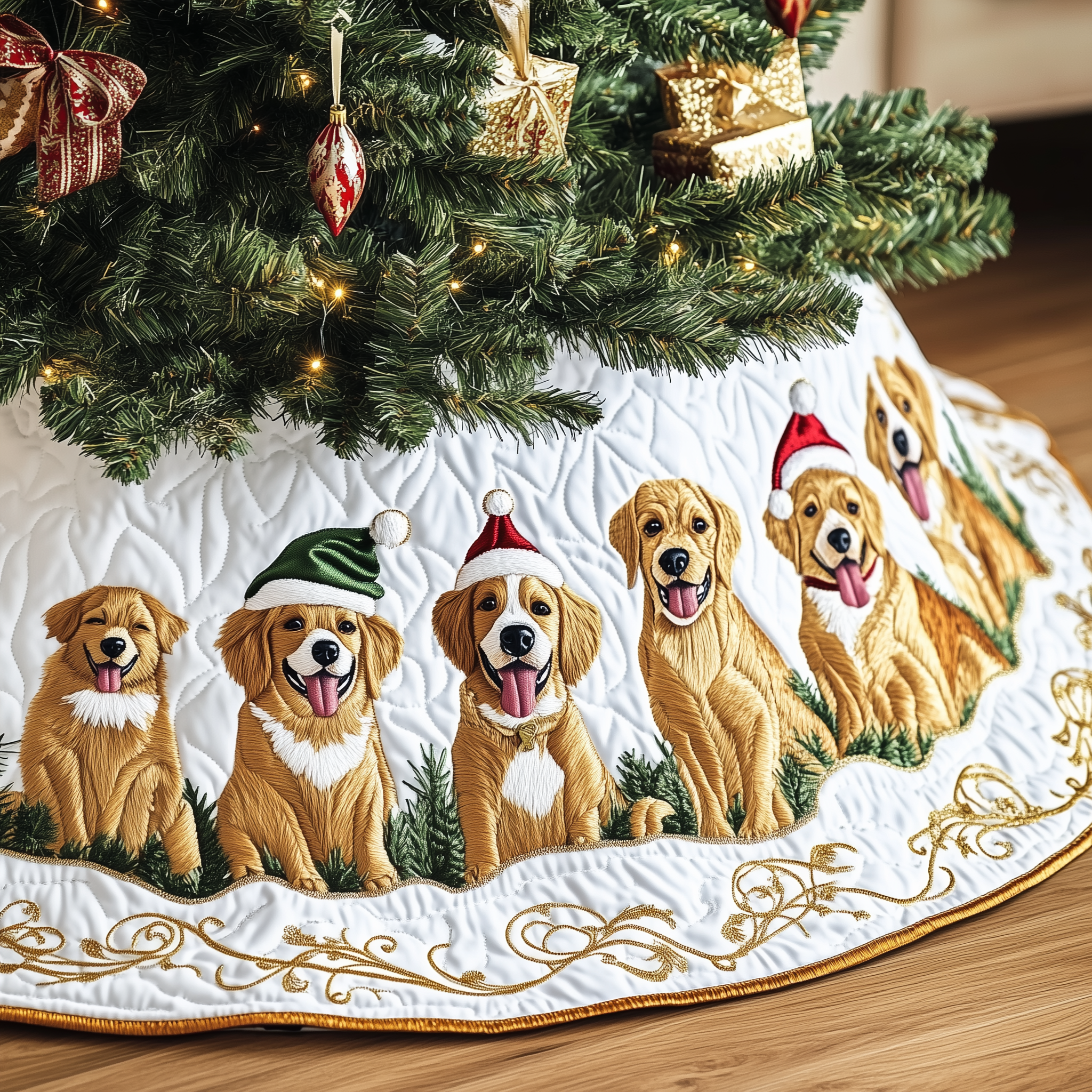 Christmas Golden Retriever Quilted Tree Skirt Holiday Xmas Tree Base Cover Golden Retriever Christmas Gift