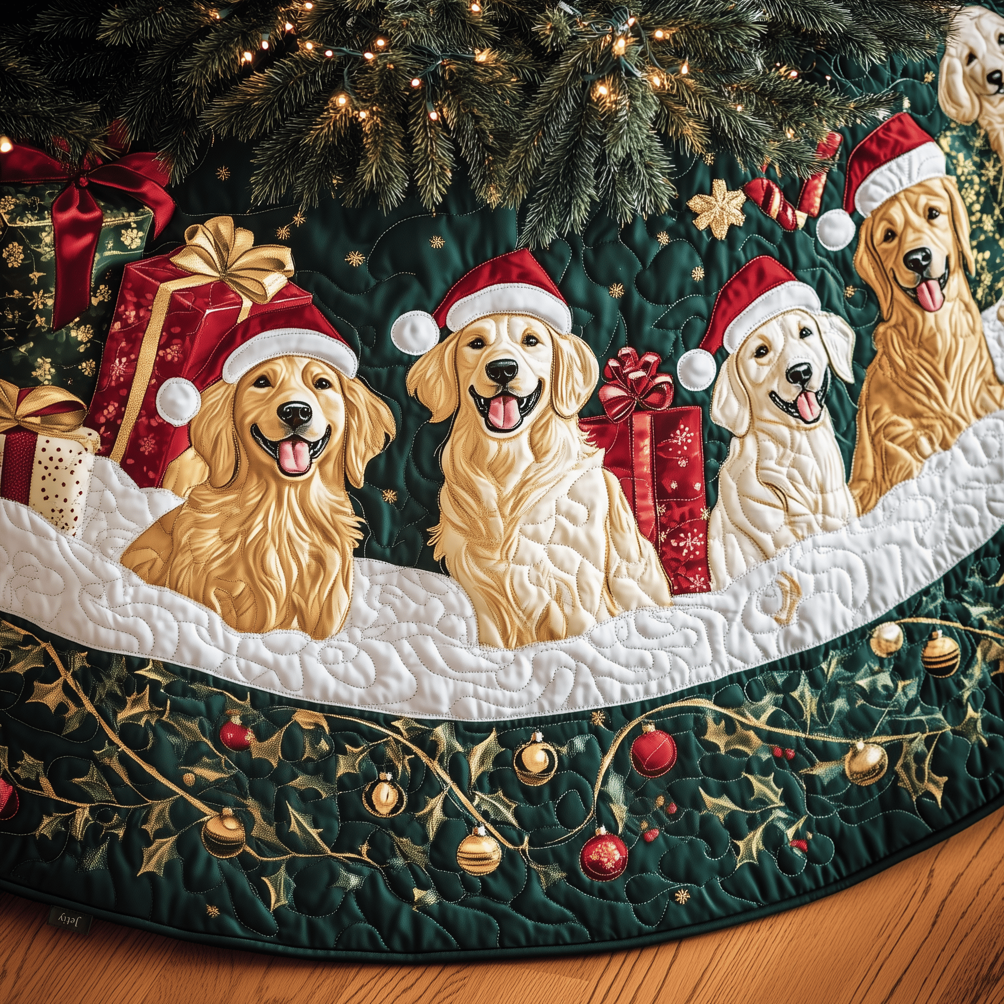 Christmas Golden Retriever Quilted Tree Skirt Holiday Xmas Tree Base Cover Golden Retriever Christmas Gift