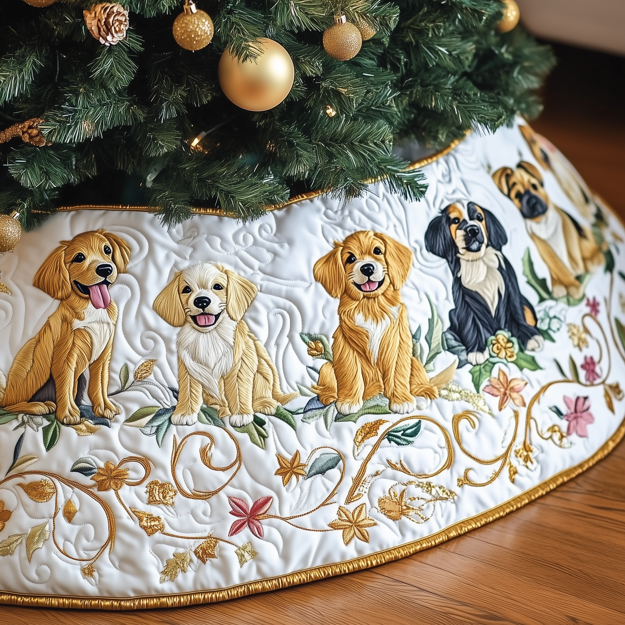 Christmas Golden Retriever Quilted Tree Skirt Joyful Holiday Season Gift Merch