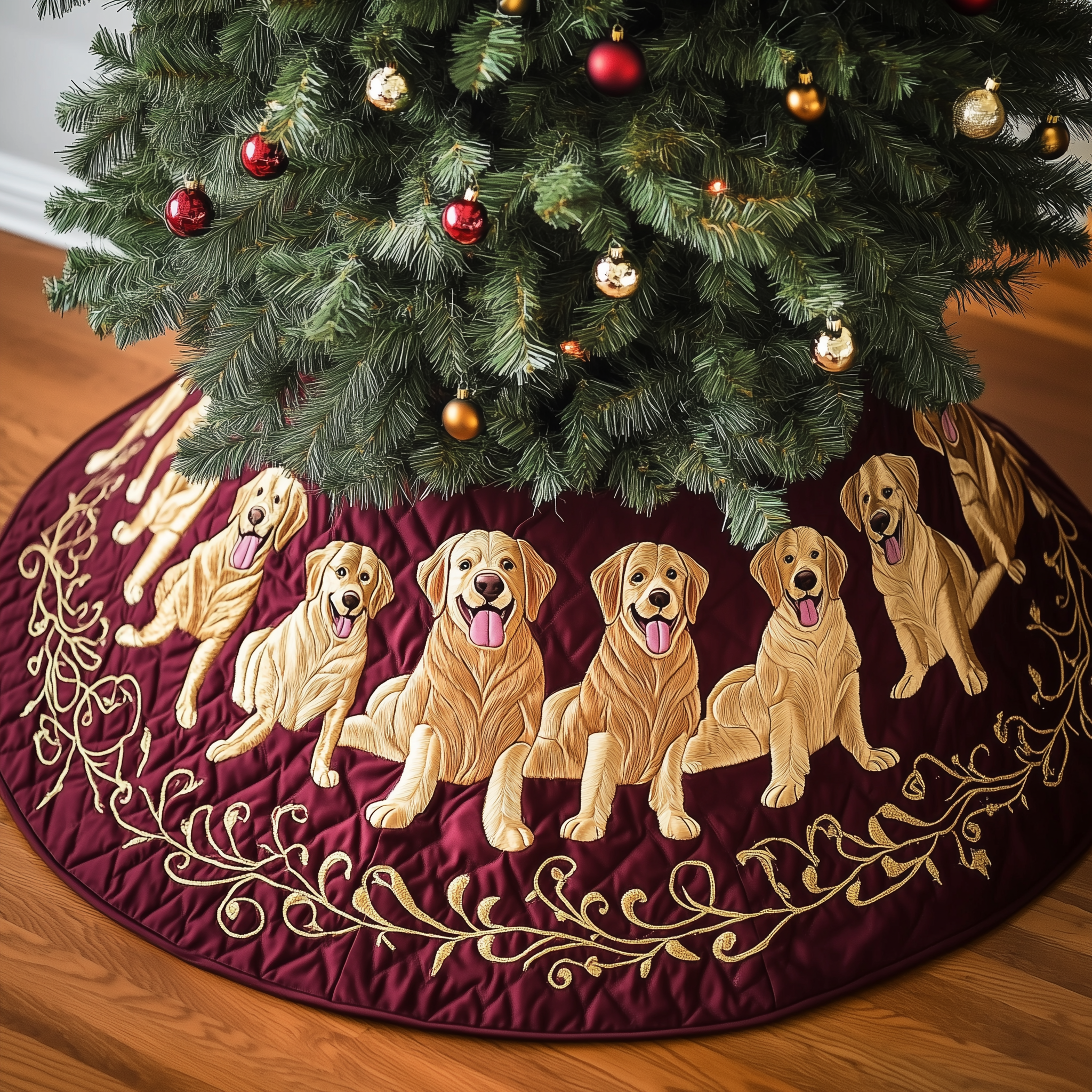 Christmas Golden Retriever Quilted Tree Skirt Xmas Tree Base Cover Golden Retriever Christmas Decorations