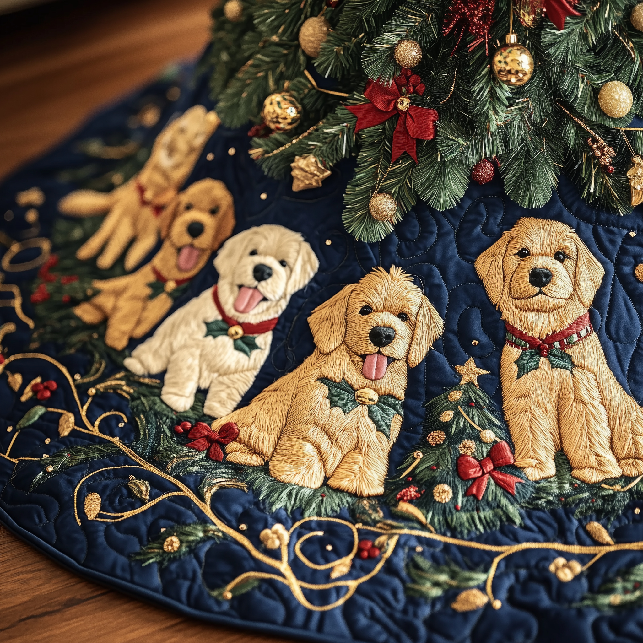 Christmas Golden Retriever Quilted Tree Skirt Xmas Tree Base Cover Golden Retriever Christmas Decorations
