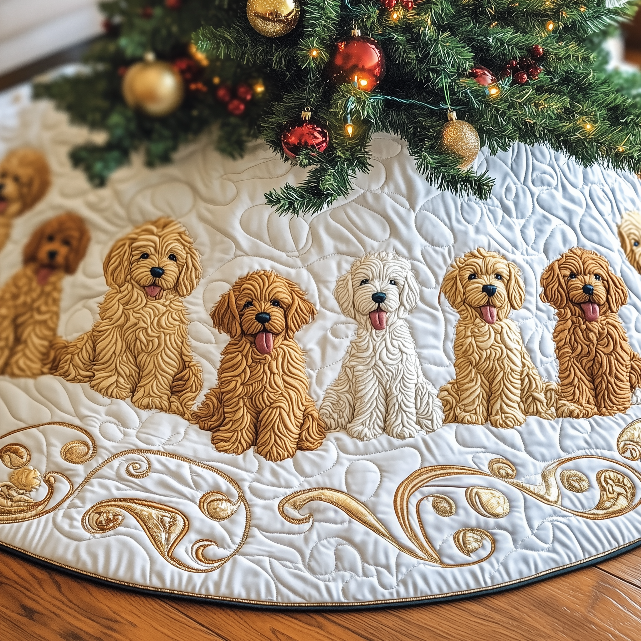 Christmas Goldendoodle Quilted Tree Skirt Beautiful Christmas Home Merch