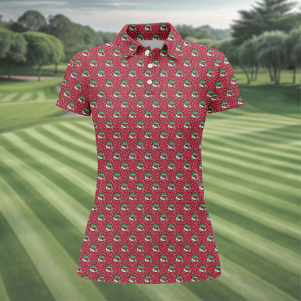 Christmas Golf Cart Pattern Polo Shirt Xmas Themed Golf Design Golf Shirts For Women