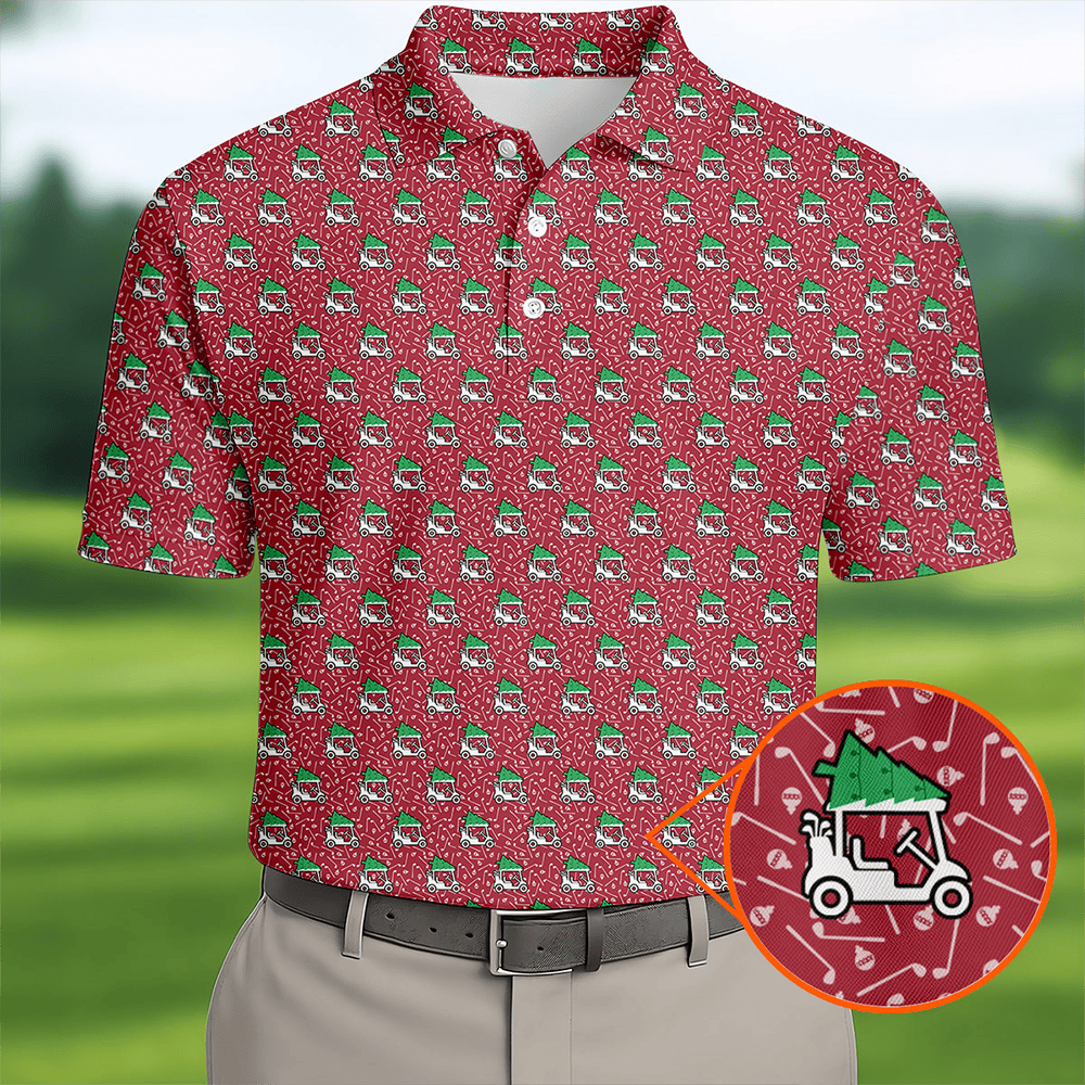 Christmas Golf Cart Pattern Red Men S Golf Tops Christmas Golf Shirt Polo Shirts For Men