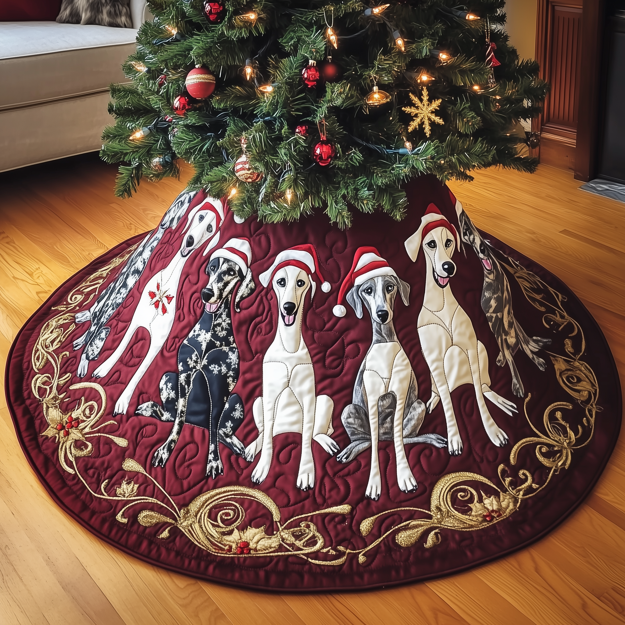 Christmas Greyhound Quilted Tree Skirt Heartwarming Family Gathering Merch