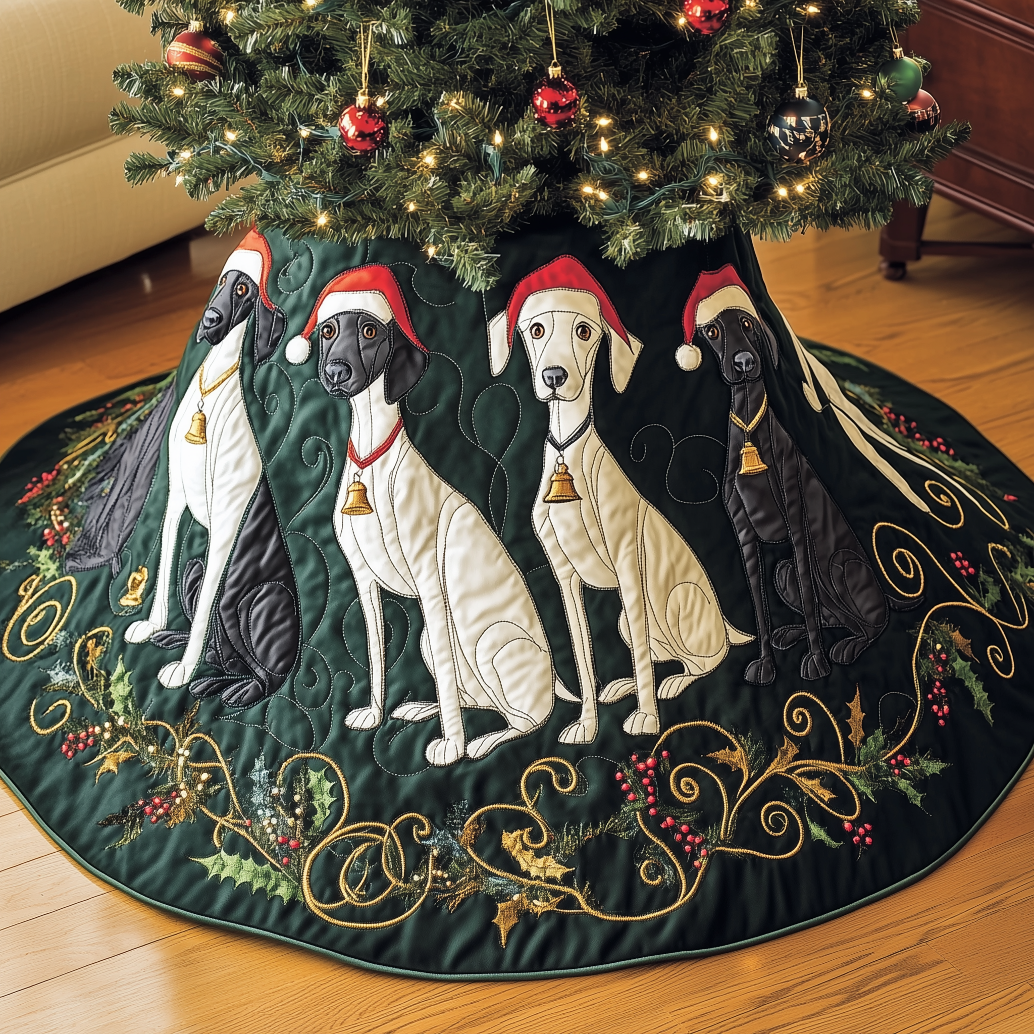 Christmas Greyhound Quilted Tree Skirt Warm Winter Home Merch