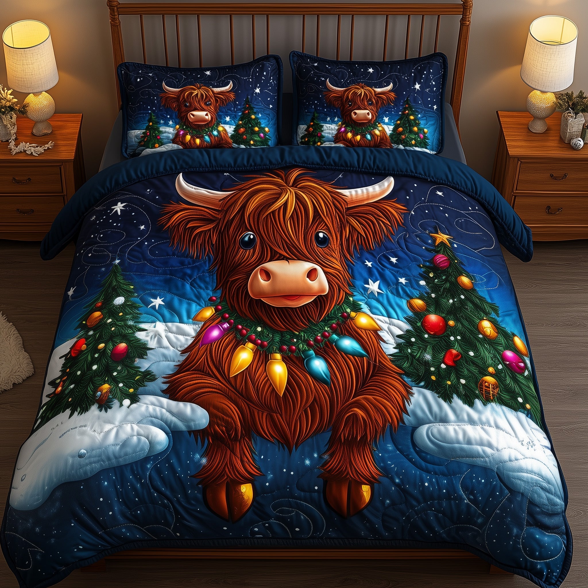 Christmas Highland Cow Quilted Bedding Set Duvet Cover Bedspread Highland Cow Xmas Presents