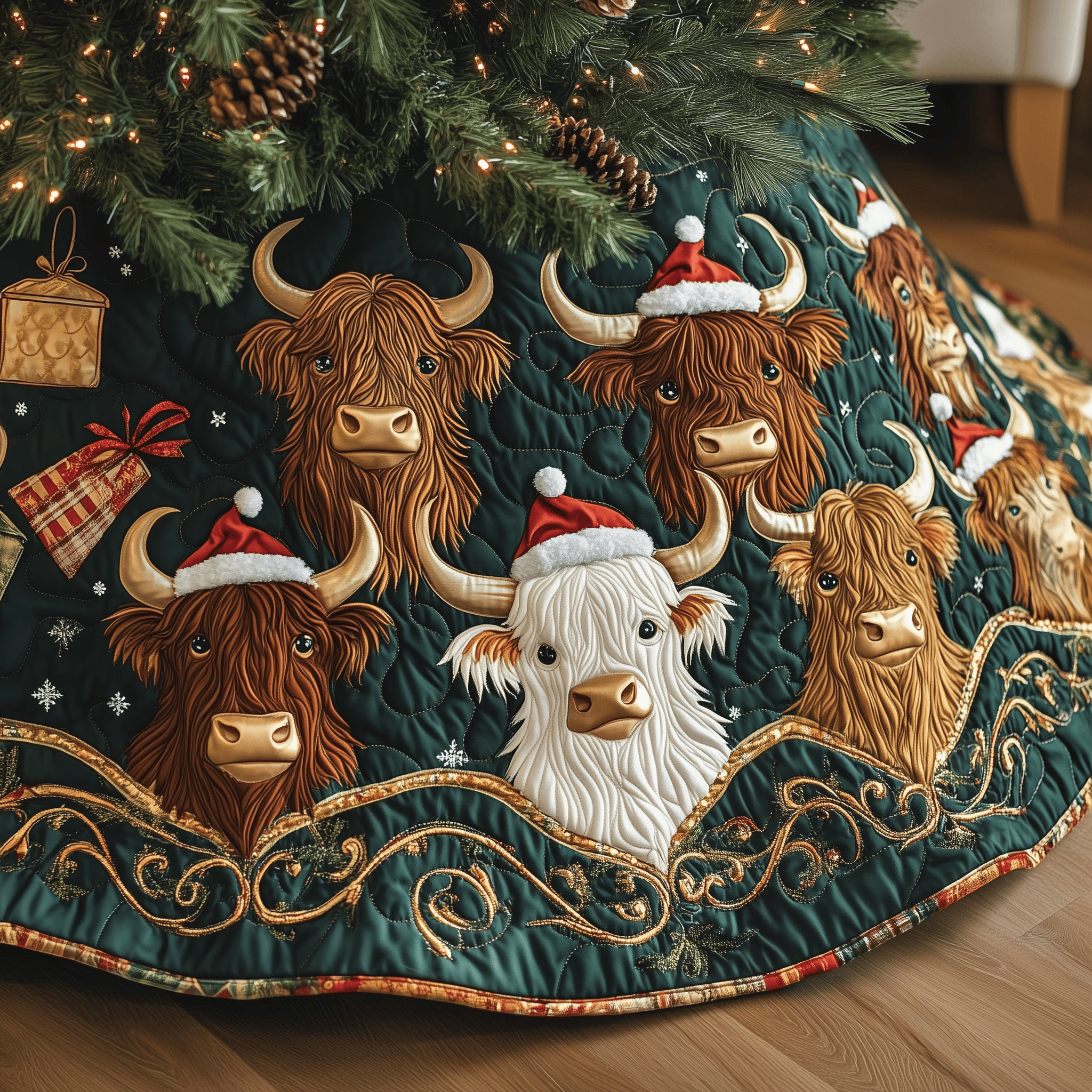 Christmas Highland Cow Quilted Tree Skirt Animal Themed Christmas Home Decor Xmas Gift Ideas