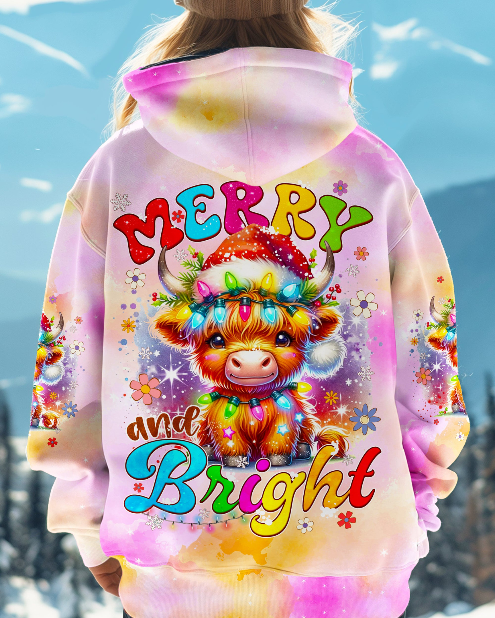 Christmas Highland Cow Tie Dye Hoodie Merry And Bright Cute Apparel Highland Cow Themed Gifts