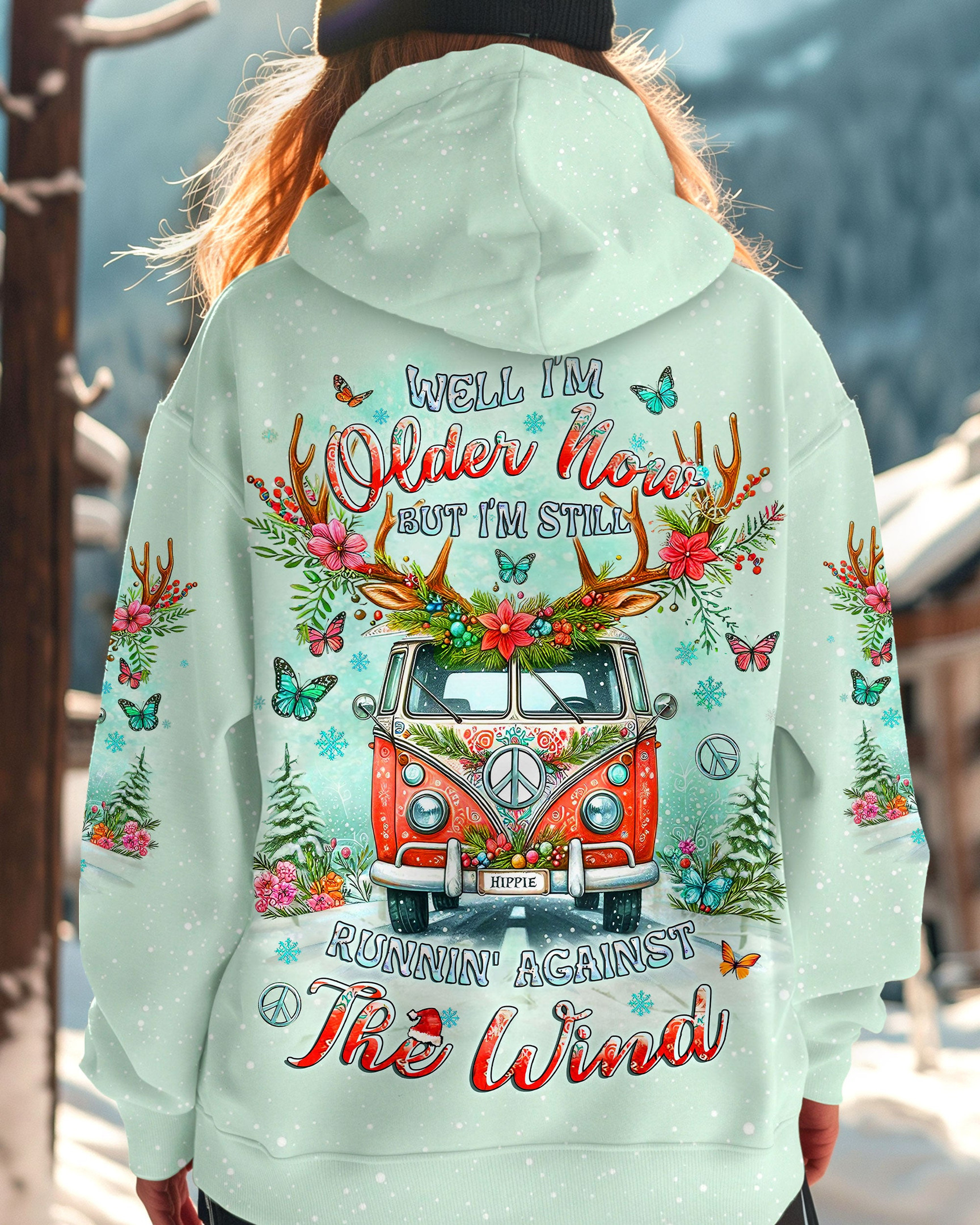 Christmas Hippie Bus And Hunting Hoodie Running Against The Wind Cute Stuff For Christmas