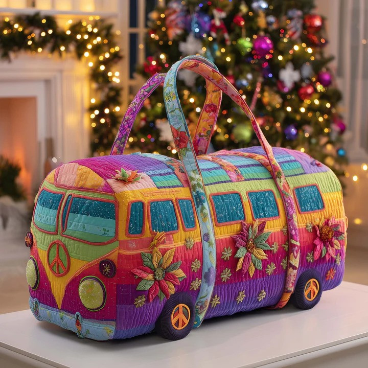 Christmas Hippie Bus Floral Quilted Duffle Bag Holiday Travel Bag Best Gift For Christmas