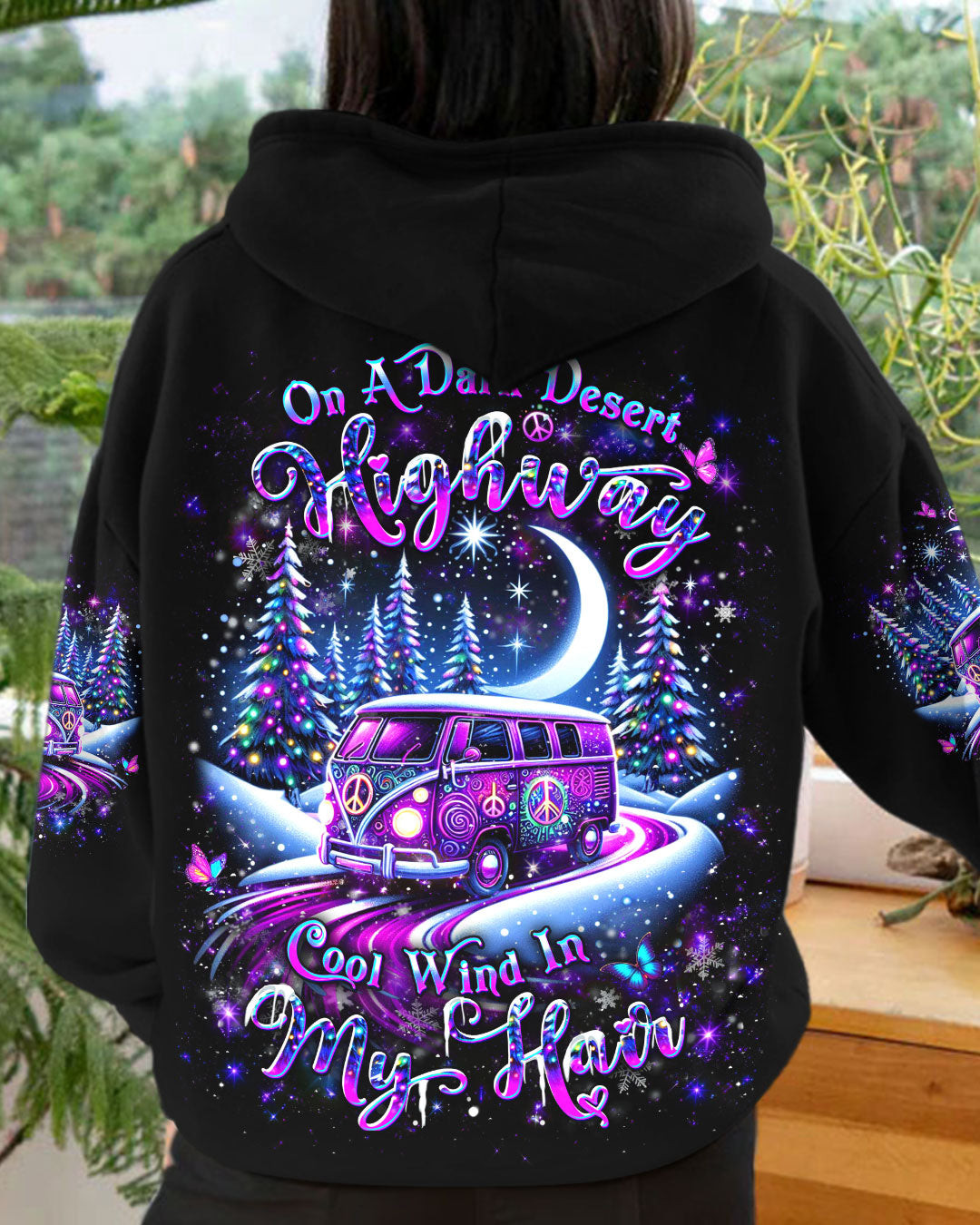 Christmas Hippie Bus On Winter Forest Hoodie On A Dark Desert Highway Christmas Gifts