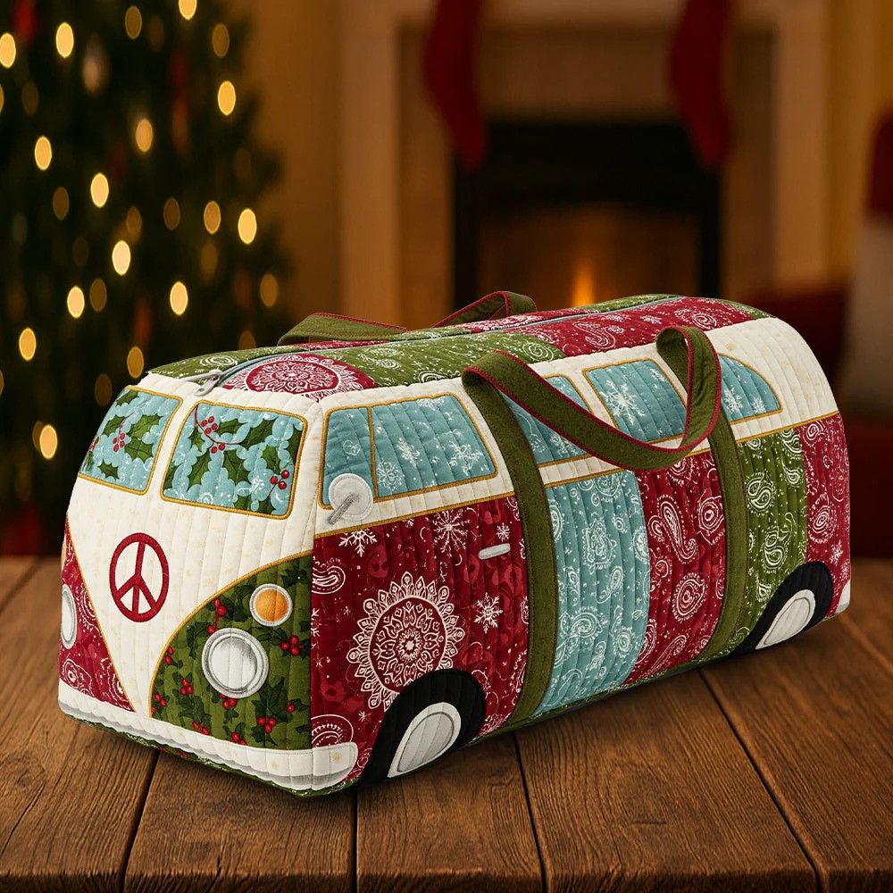 Christmas Hippie Van Quilted Duffle Bag Holiday Holly Snowflake Peace Van Best Gift For Christmas