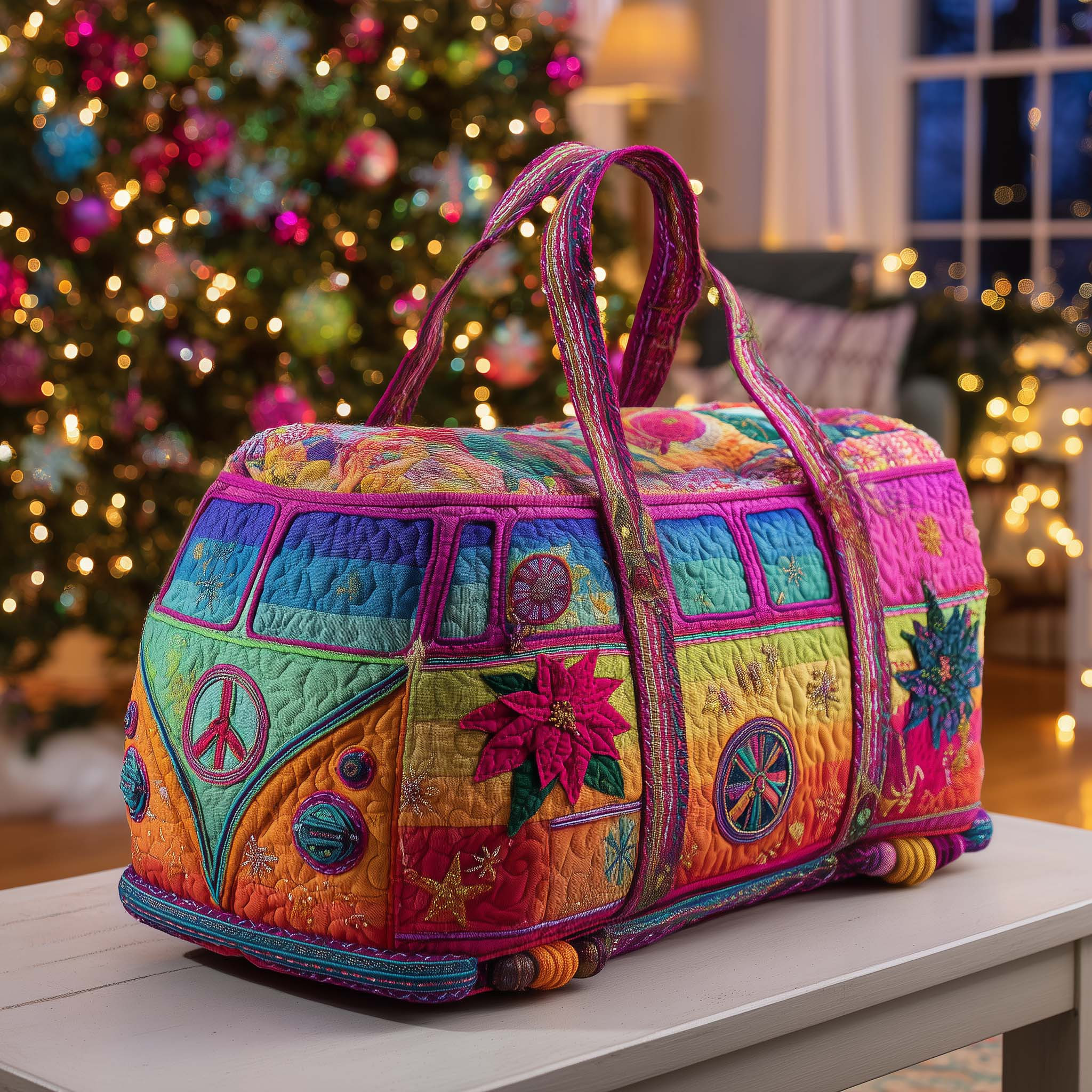 Christmas Hippie Van Quilted Duffle Bag Rainbow Poinsettia Holiday Travel Bag Cute Gift For Hippie Lovers