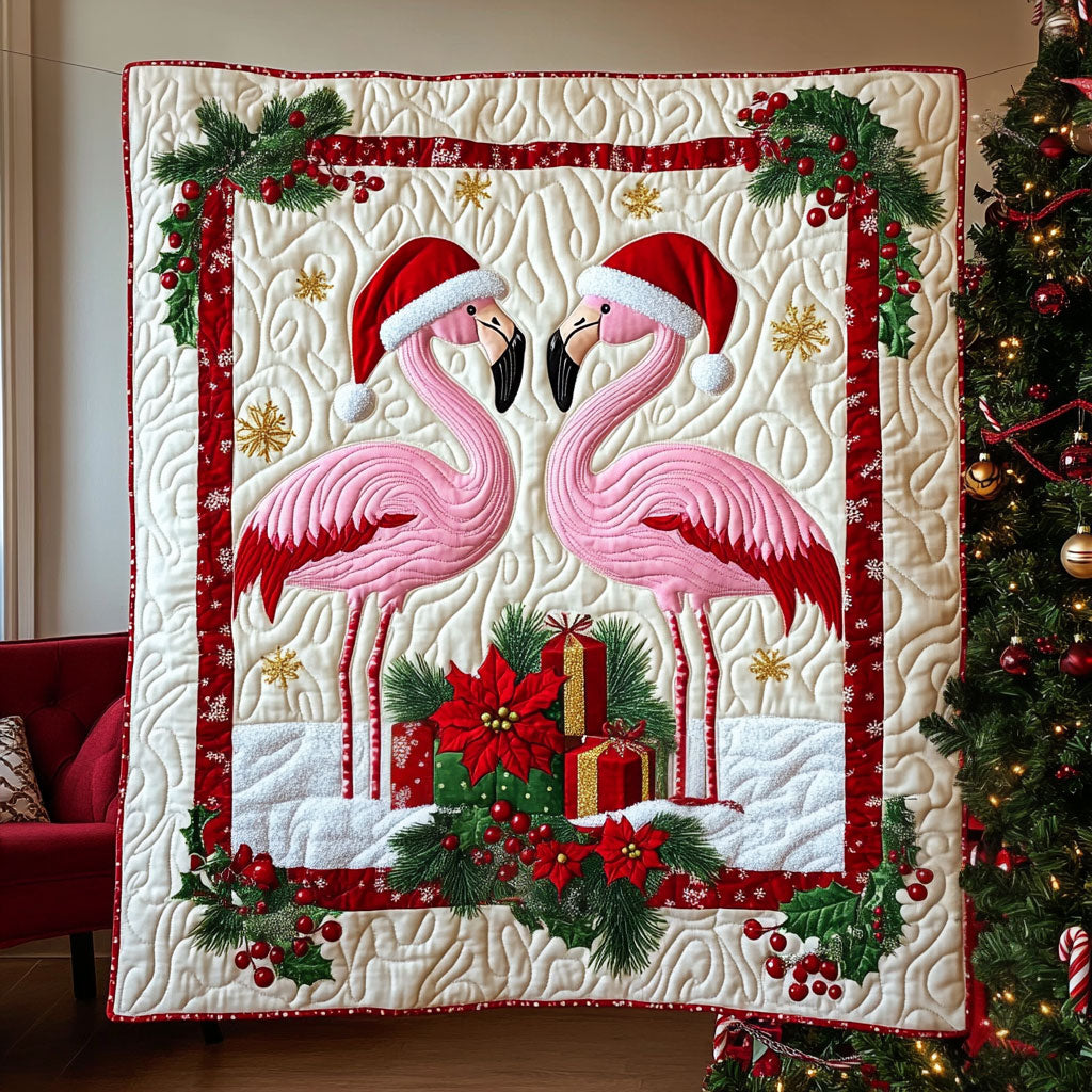 Christmas Holiday Flamingo Quilted Blanket Queen Size Blanket Flamingo Christmas Gifts