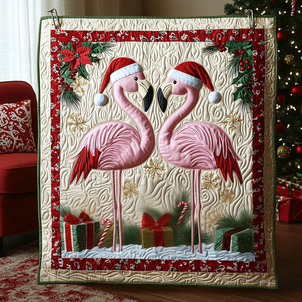 Christmas Holiday Flamingo Quilted Blanket Queen Size Blanket Gifts For Flamingo Lovers