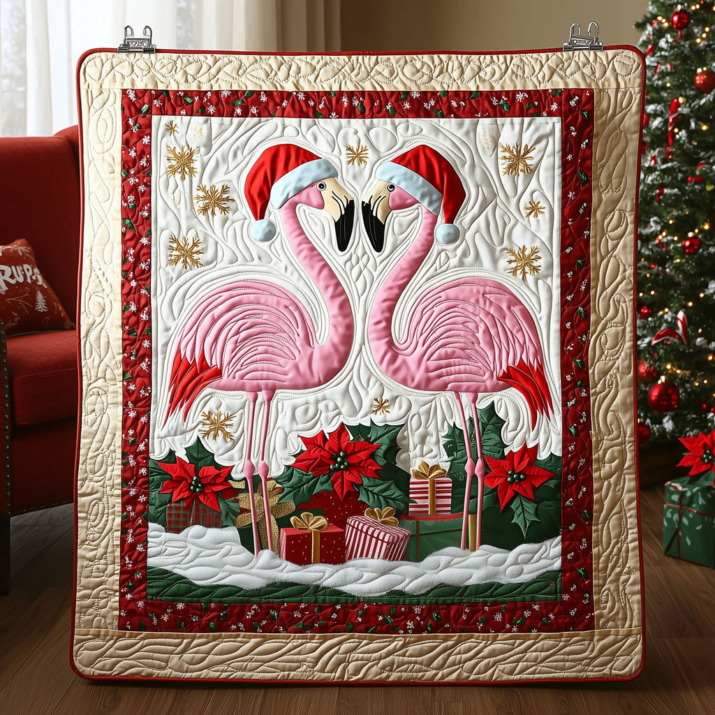 Christmas Holiday Flamingo Quilted Blanket Queen Size Blanket Unique Pink Flamingo Gifts