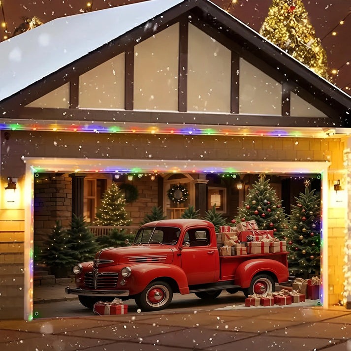 Christmas  Holiday Truck Delight Garage Door Cover Red Truck Carrying Gifts Gara Decorations