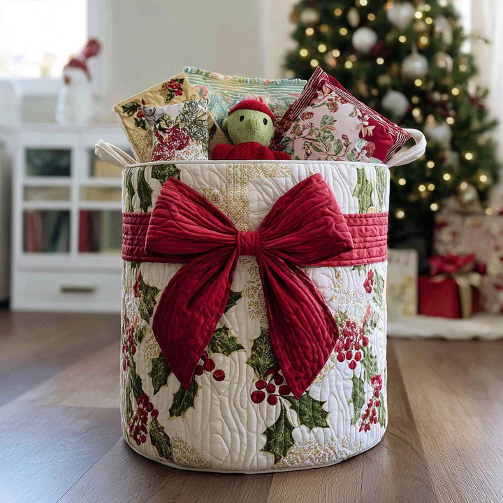 Christmas Holly Quilted Laundry Basket Merry Joy Storage Bin Best Holiday Gift For Her
