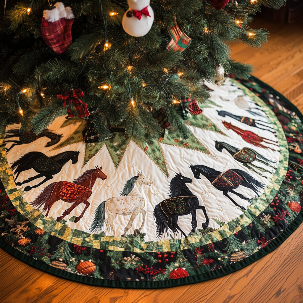 Christmas Horse Gathering Christmas Quilted Tree Skirt Under-Tree Christmas Decor