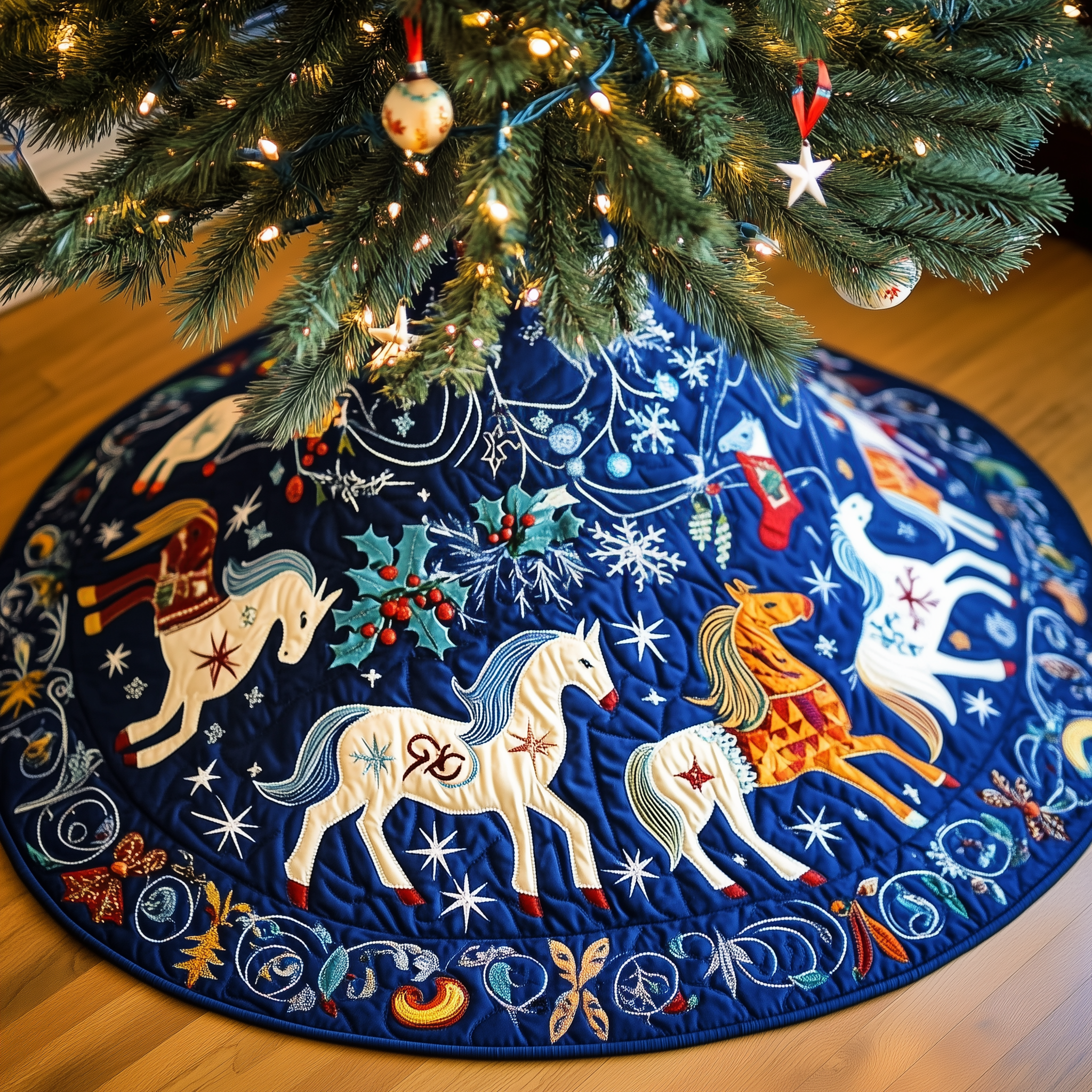 Christmas Horse Quilted Tree Skirt Family Holiday Gathering Decor Holiday Tree Base Decoration