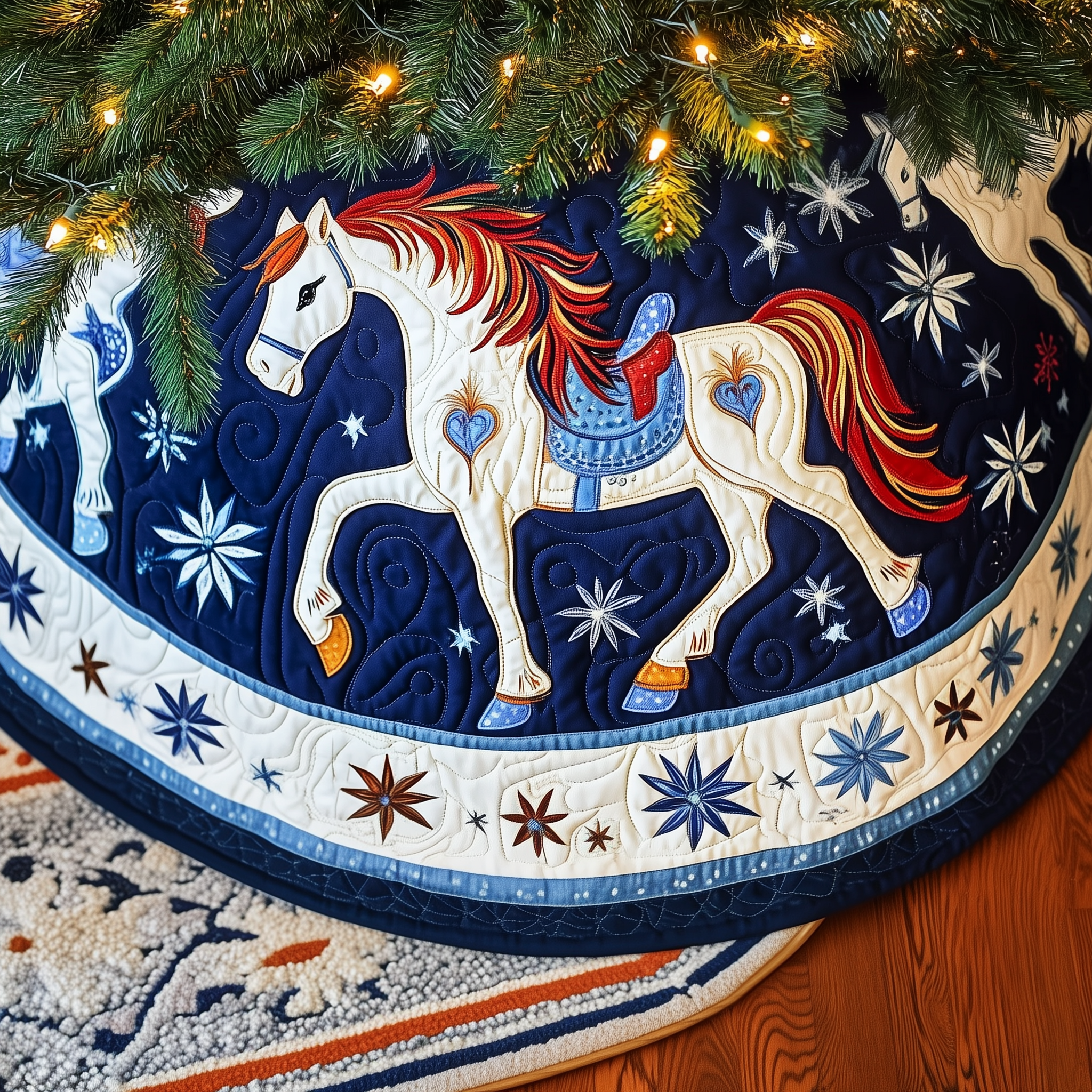 Christmas Horse Quilted Tree Skirt Holiday Gift Merch