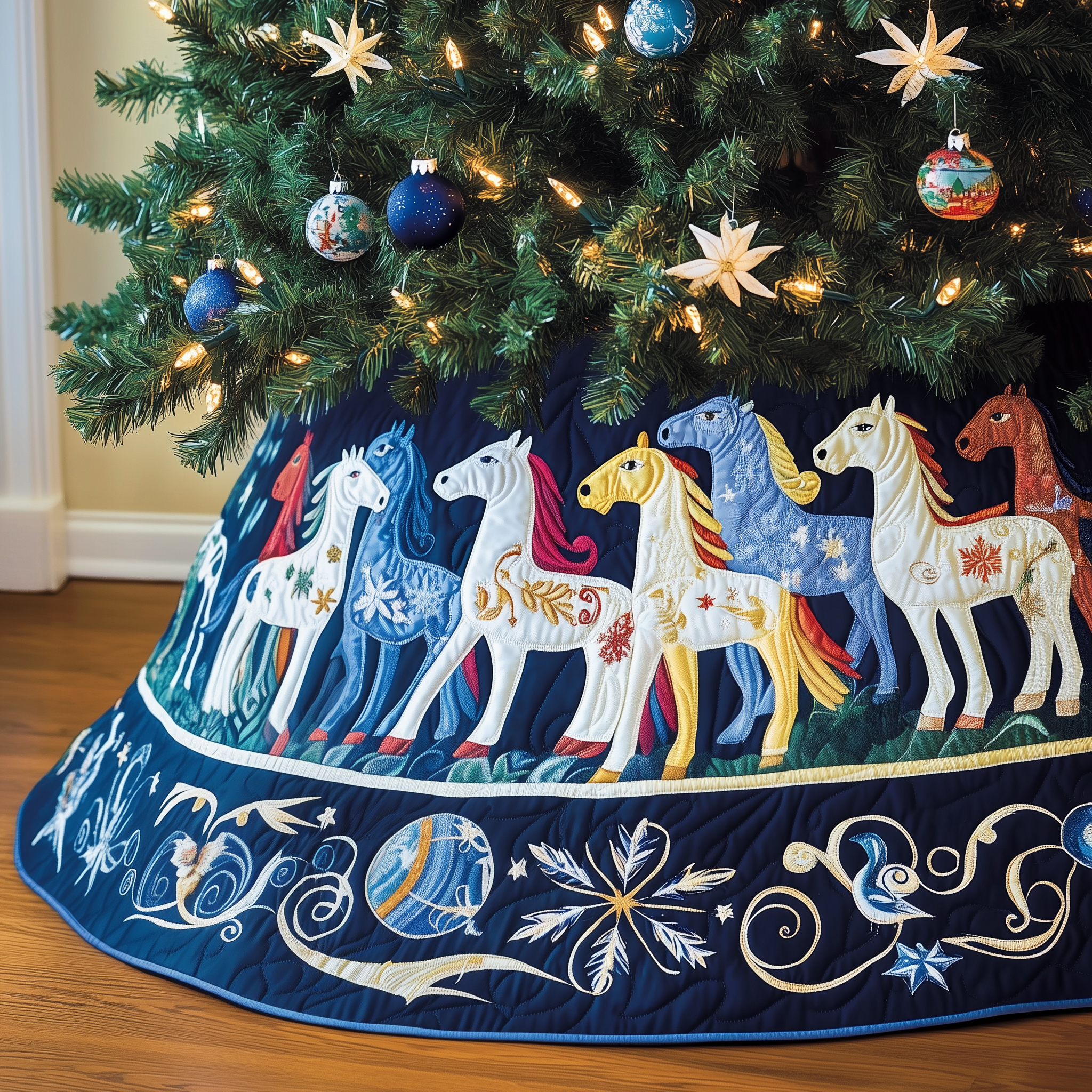 Christmas Horse Quilted Tree Skirt Holiday Living Room Decor Winter Holiday Decor