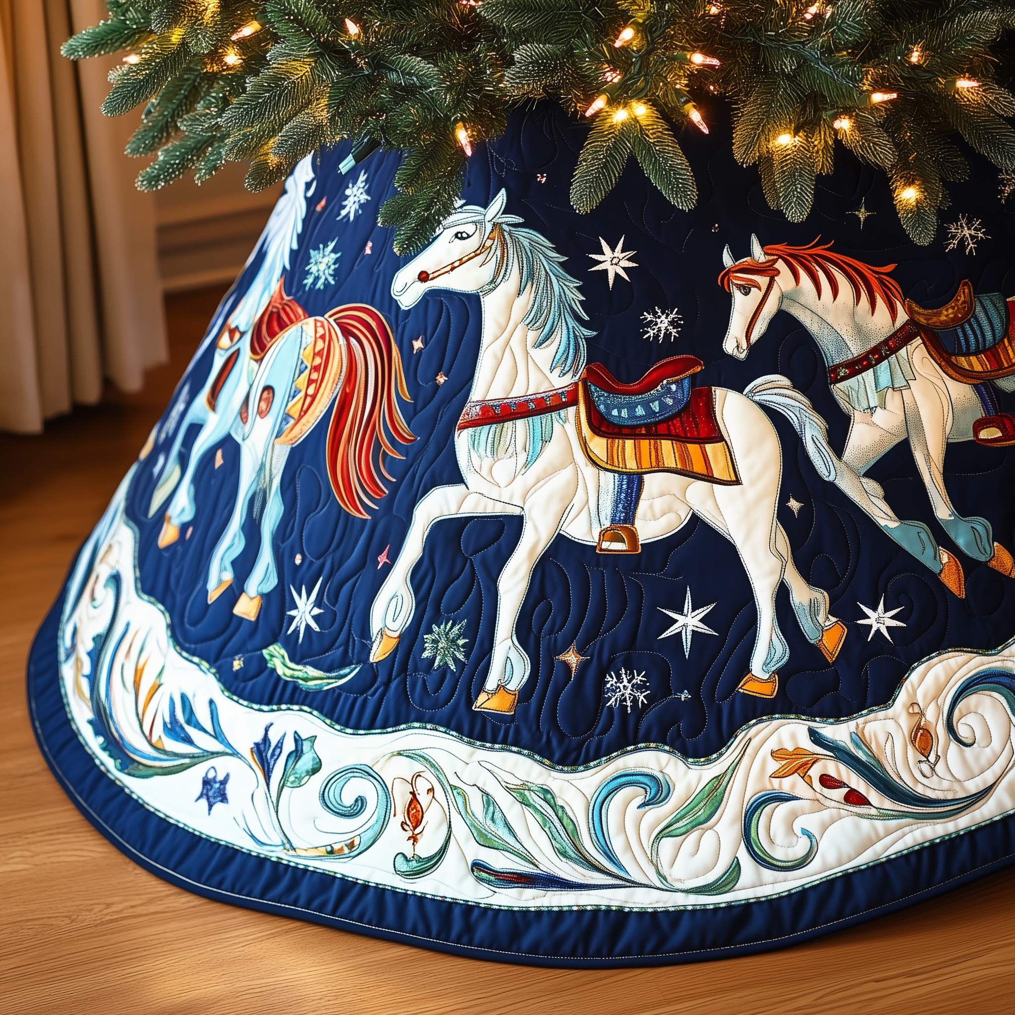 Christmas Horse Quilted Tree Skirt Under Tree Christmas Decor Holiday Party Decor for Home
