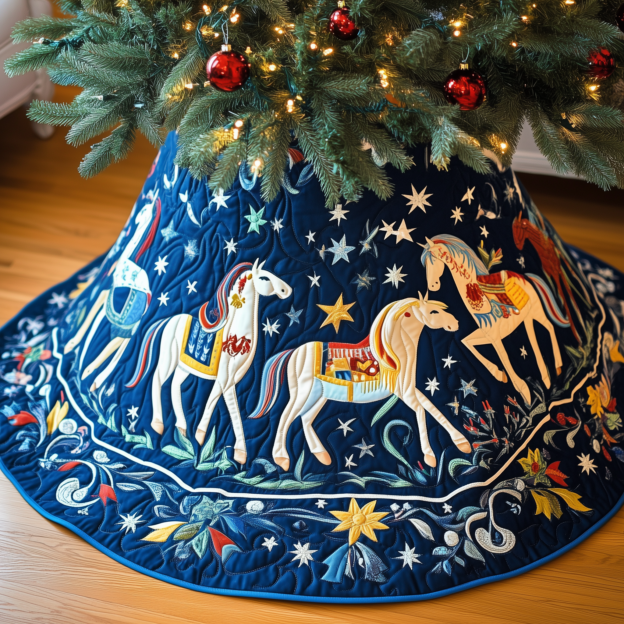 Christmas Horse Quilted Tree Skirt Xmas Tree Base Cover Christmas Tree Decoration Horse Themed Gifts