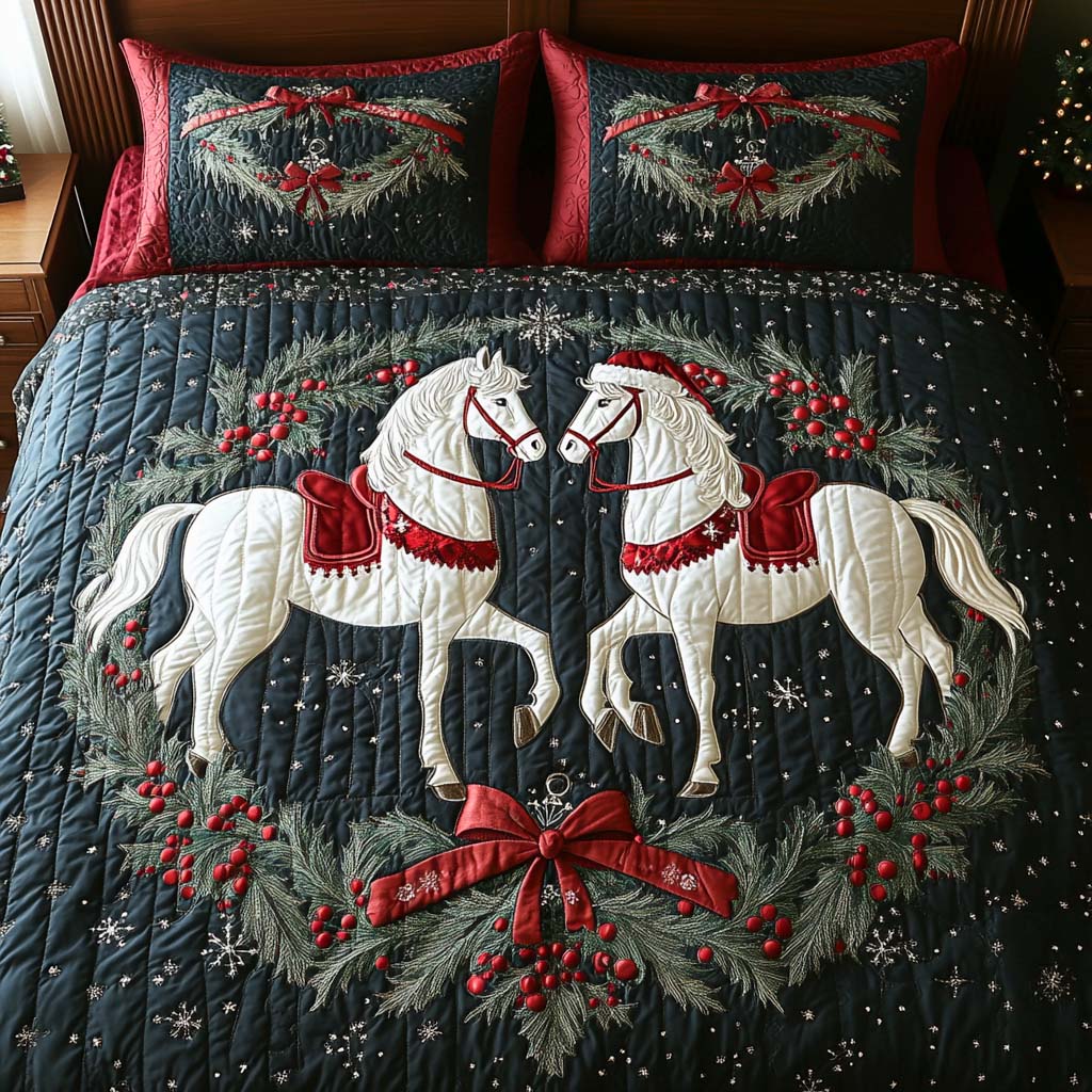 Christmas Horses Wreath Quilted Bedding Set Duvet Cover Bed Sheet Set Christian Gifts For Her